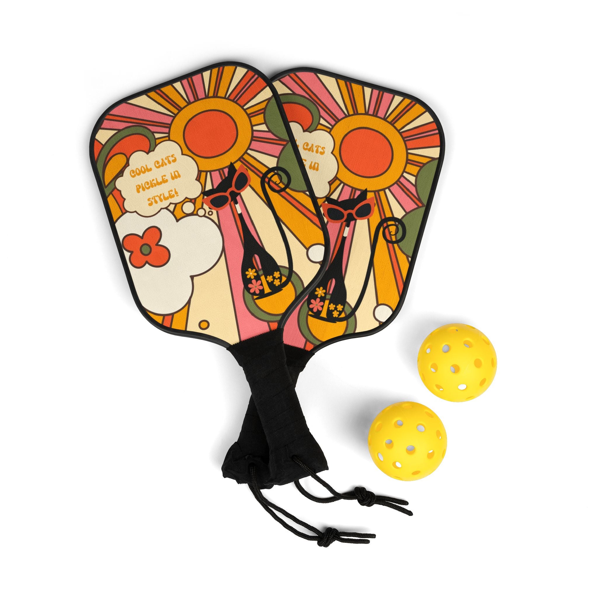 Pickleball Paddle Set, Groovy Mod Atomic Cat Style Kitschy Fun Pickleball Lover Gift - Mid Century Modern Gal