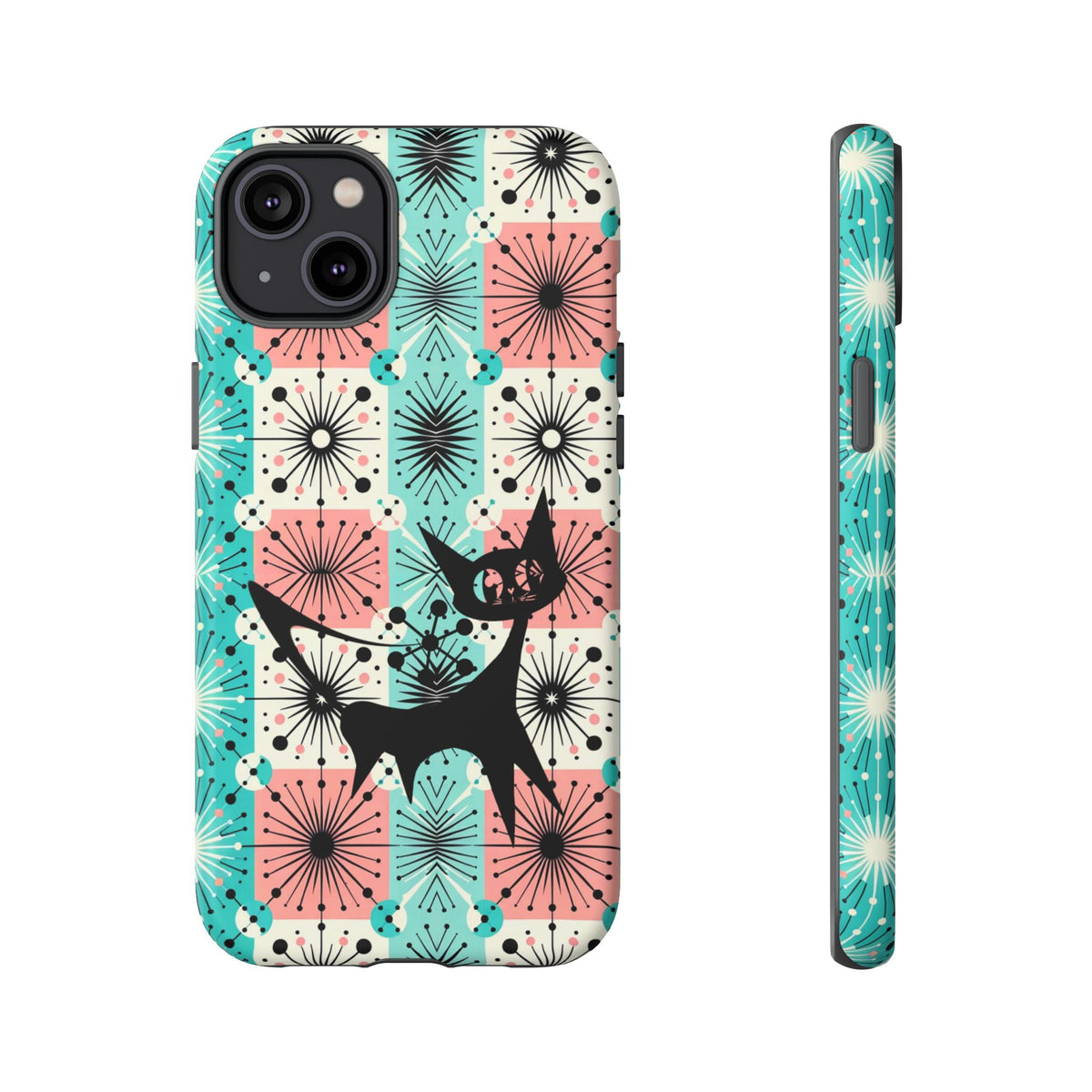 Atomic Kitschy Cat, Mid Century Modern Pink, Aqua Starbursts Tough Phone Case