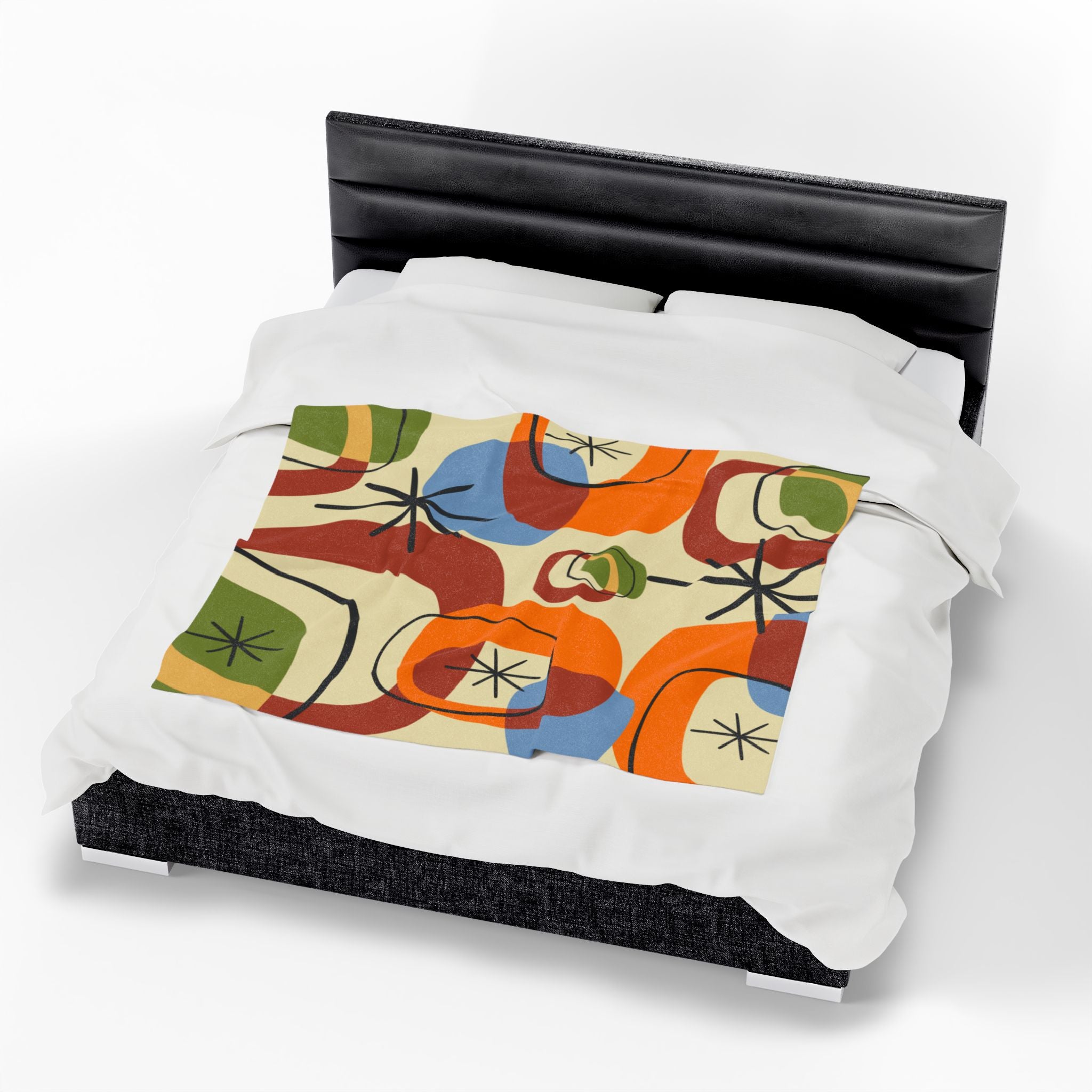 Retro Geo Pattern THIN Cozy, Warm Mid Century Modern Groovy Green, Orange, Blue, Black, Light Beige Background Velveteen Plush Blanket - Mid Century Modern Gal