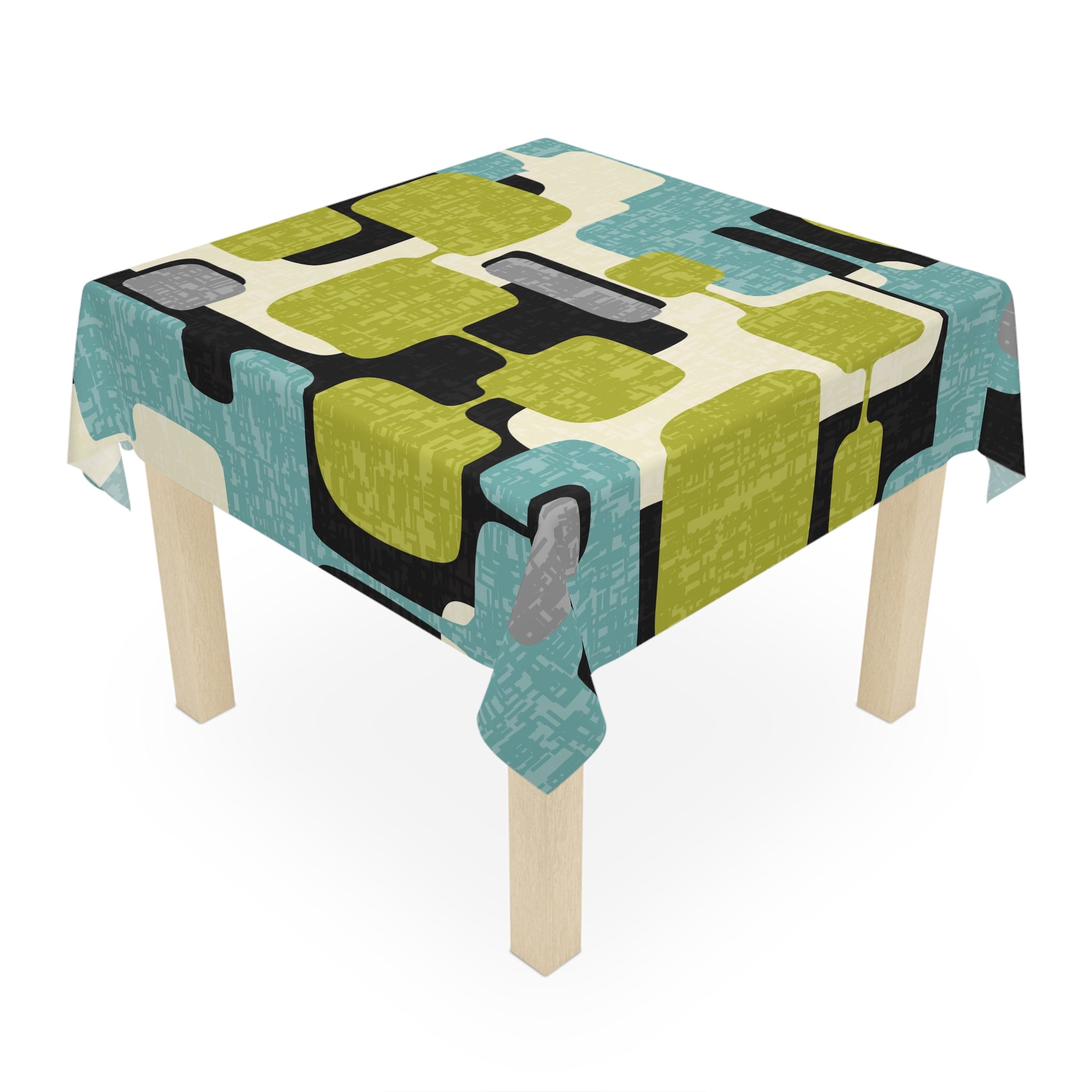 Mid Century Modern Geometric Green, Aqua Gray, Black, MCM Tablecloth - Mid Century Modern Gal