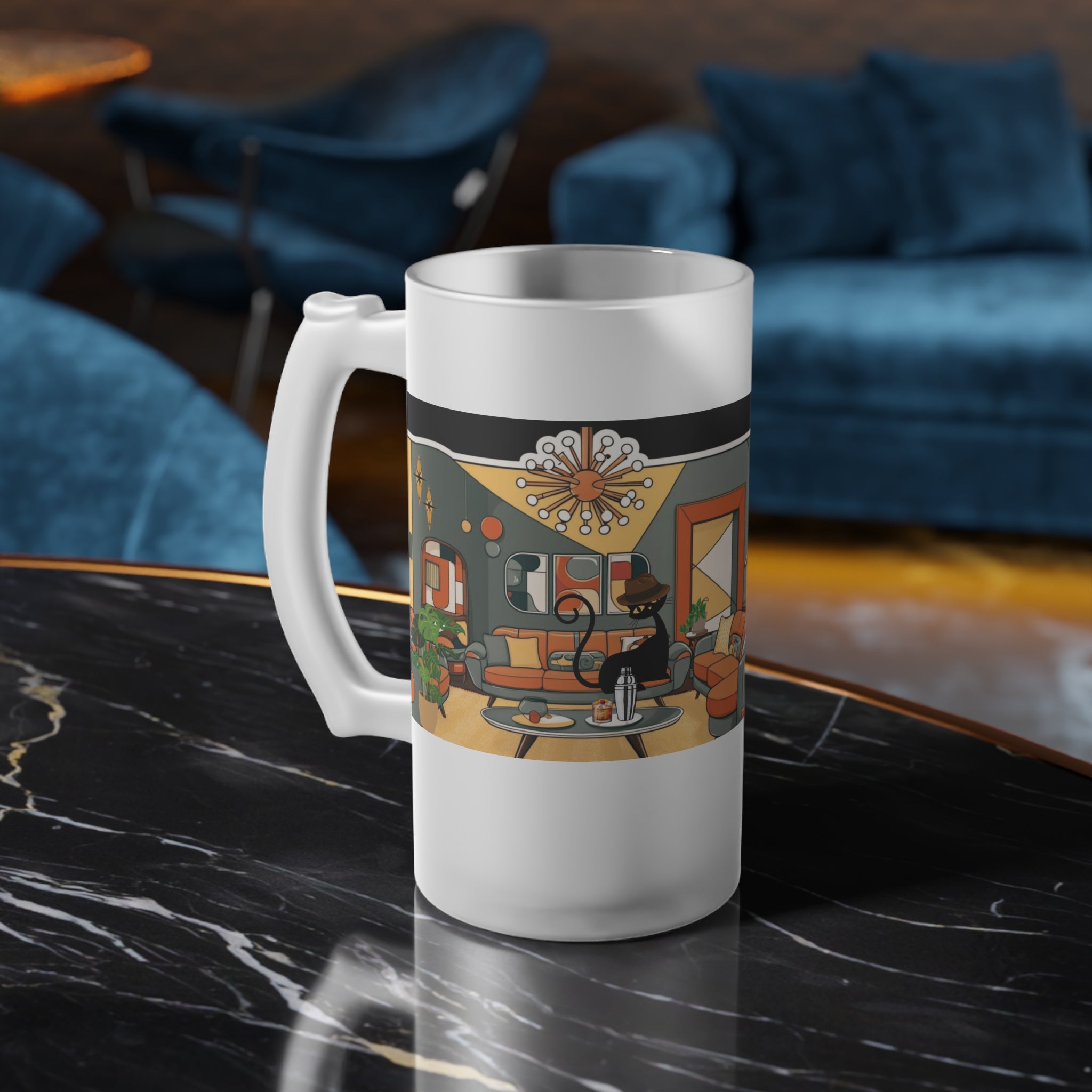 Mid Century Modern Cool Cat Mid Mod Man, Retro Glass Beer Mug Unique Gift For Dad - Mid Century Modern Gal