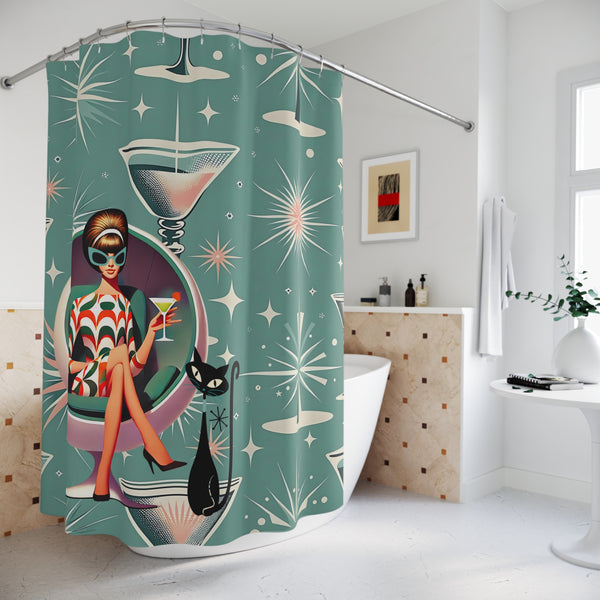 Retro Mod Gal 60s Glamour Shower Curtain with Cocktail Design