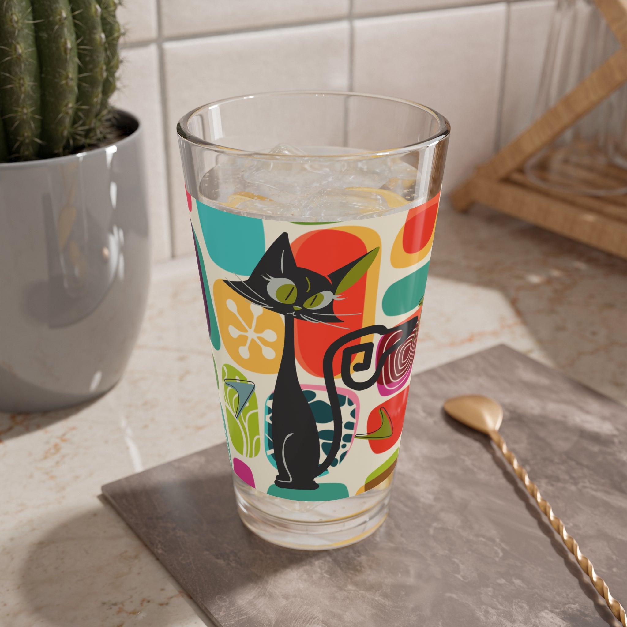 Mid Century Modern Barware, Amoeba Pattern, Green Eyed Kitschy Atomic Cat, Retro Drinking Glass - Mid Century Modern Gal