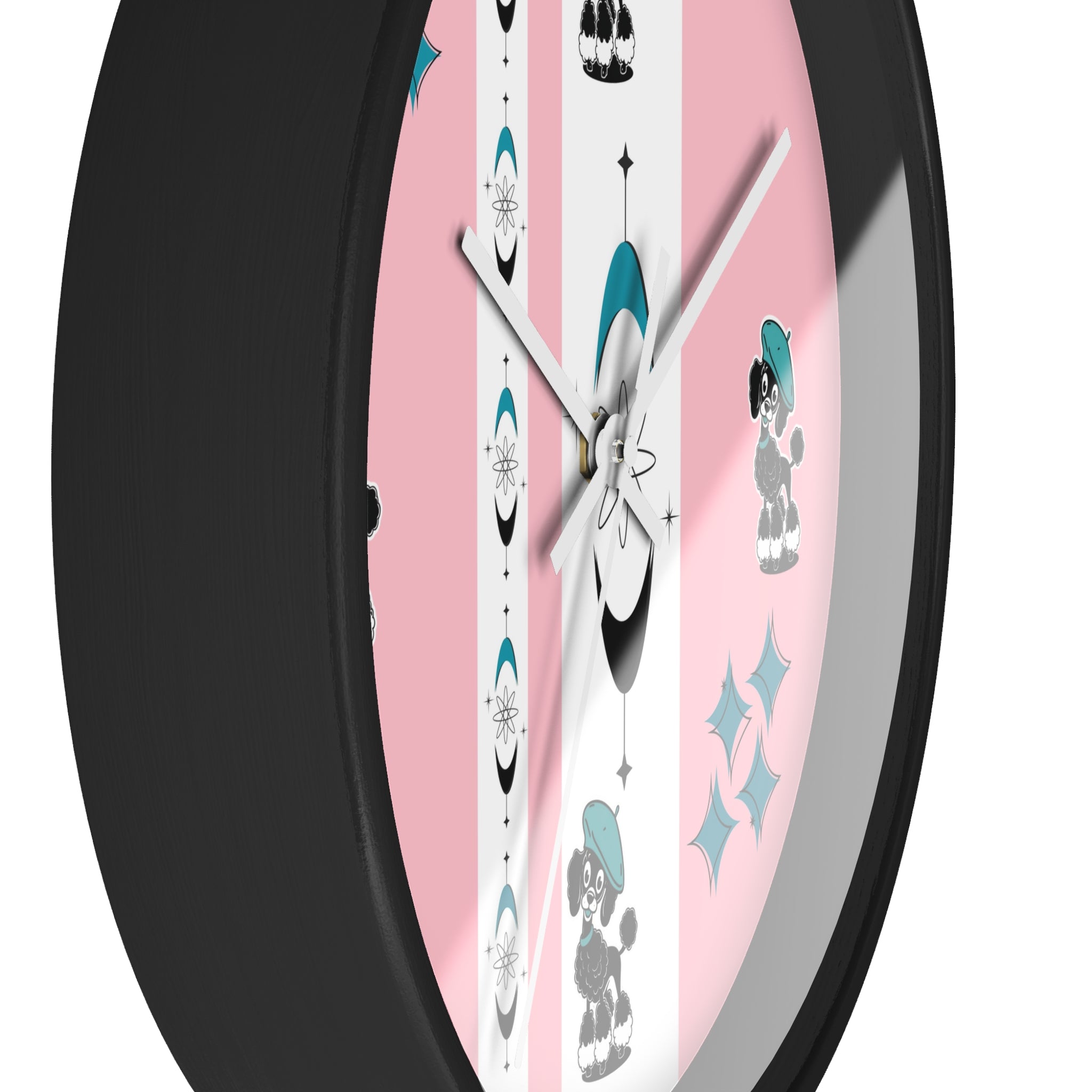 Mid Century Modern Atomic Pink Starburst Wall Clock with Cute Retro Mod Poodle Design - Mid Century Modern Gal