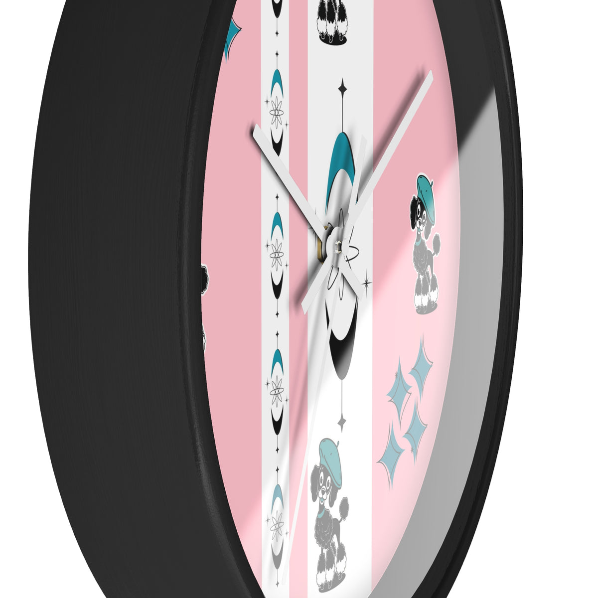 Mid Century Modern Atomic Pink Starburst Wall Clock with Cute Retro Mod Poodle Design - Mid Century Modern Gal