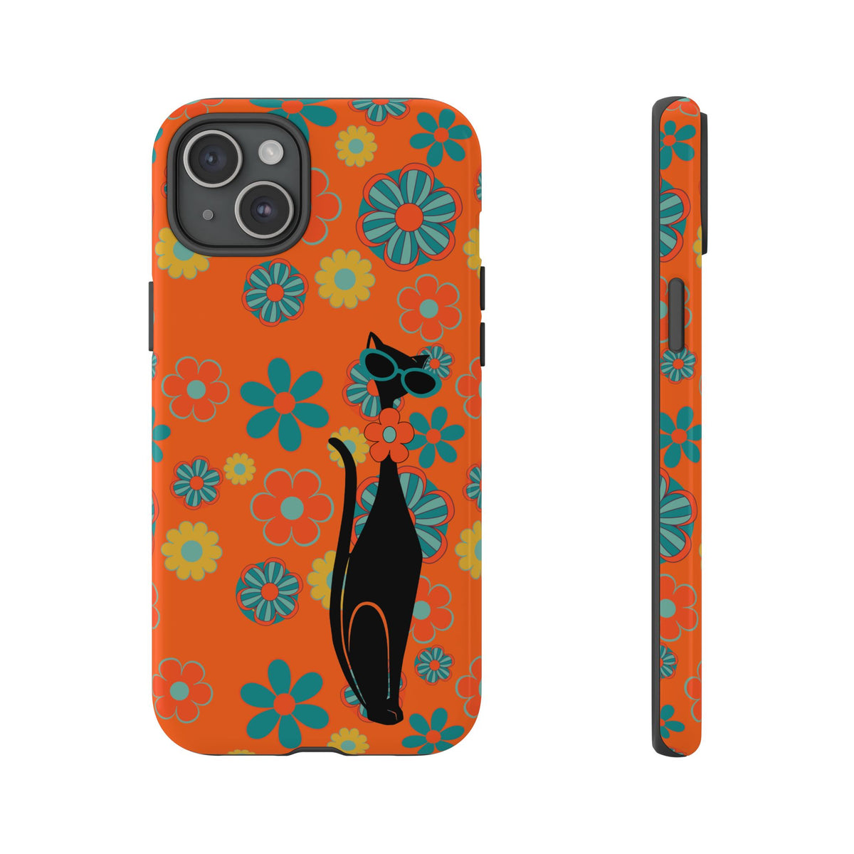 Flower Power, Retro Groovy Atomic Cat, Hipster Style Orange Samsung Galaxy and Google Pixel Tough Cases