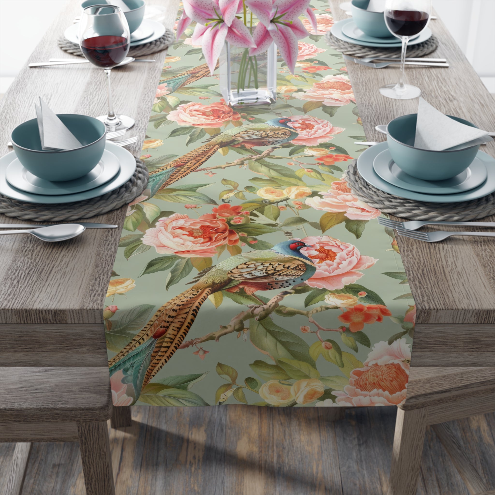 Chinoiserie Pheasant Floral Bird Table Runner - Elegant Table Linens - Mid Century Modern Gal