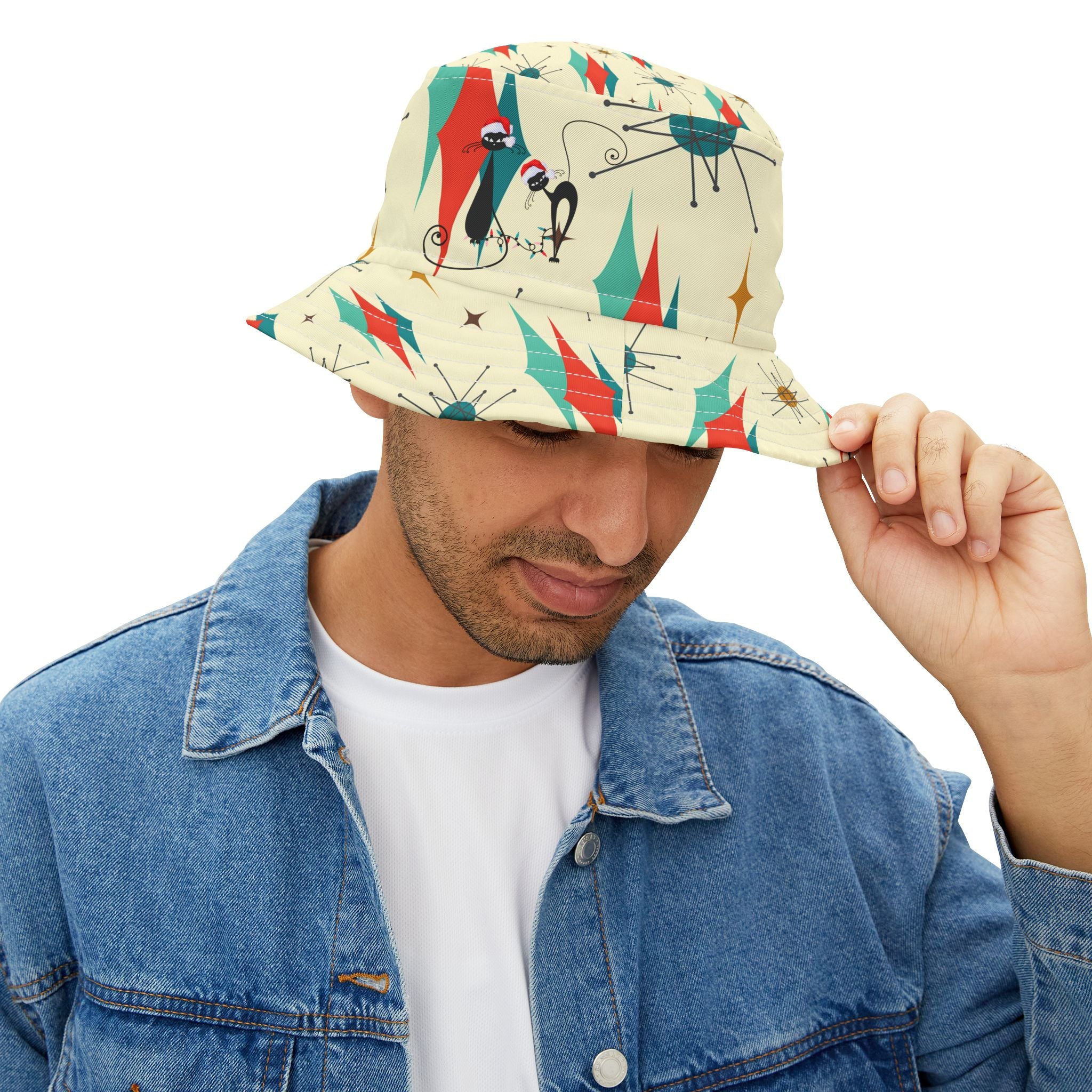 Mid Century Modern Designed Franciscan Diamond Atomic Christmas Cat Bucket Hat - Mid Century Modern Gal