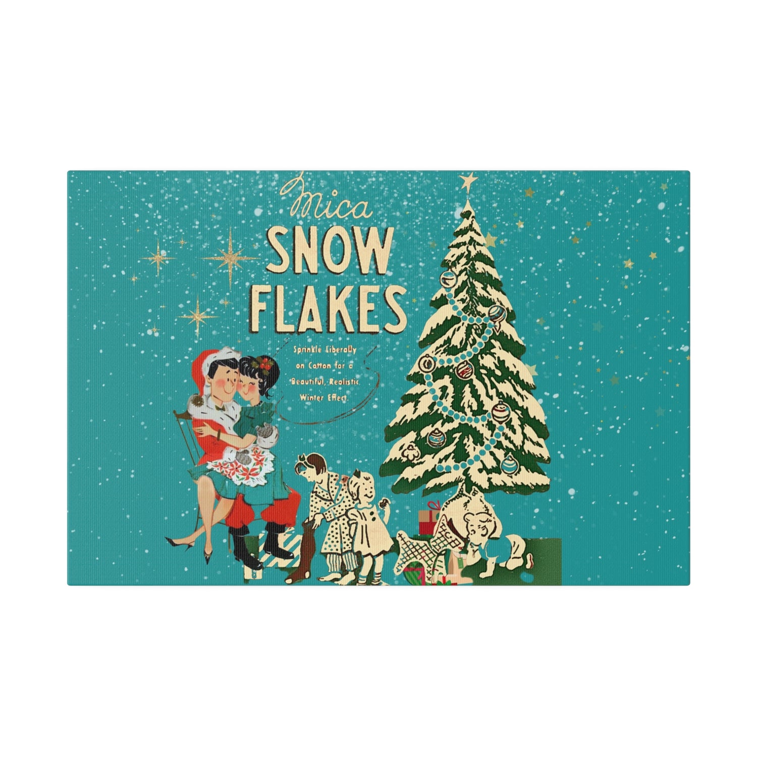 Mid Century Modern Kitschy Christmas Mantel Wall Art, Teal Blue, Mica Snow 50s Mod Couple Christmas Scene Canvas Art - Mid Century Modern Gal