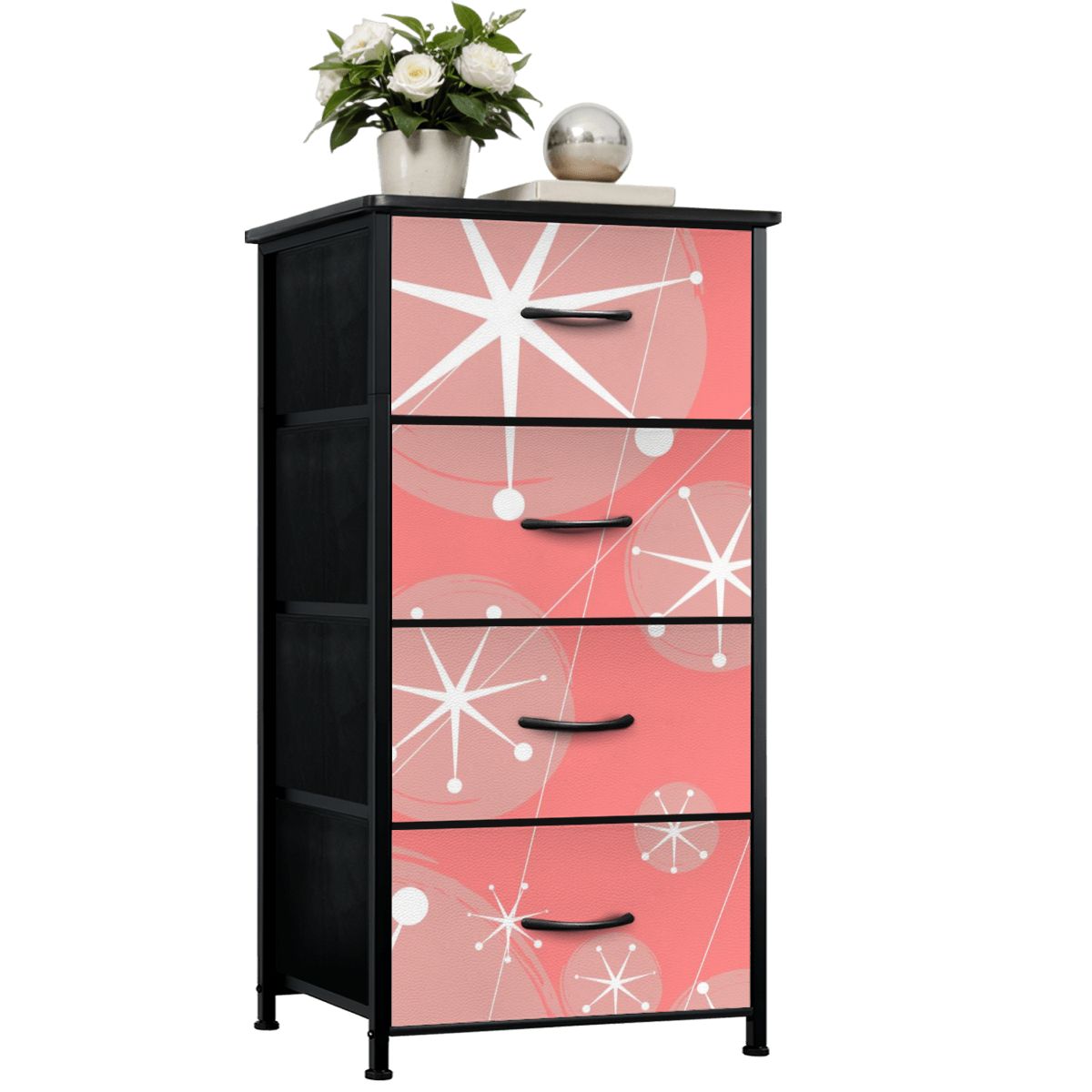 Atomic 50s Pink, Starburst Mid Century Modern 4-Drawer Dresser - Mid Century Modern Gal