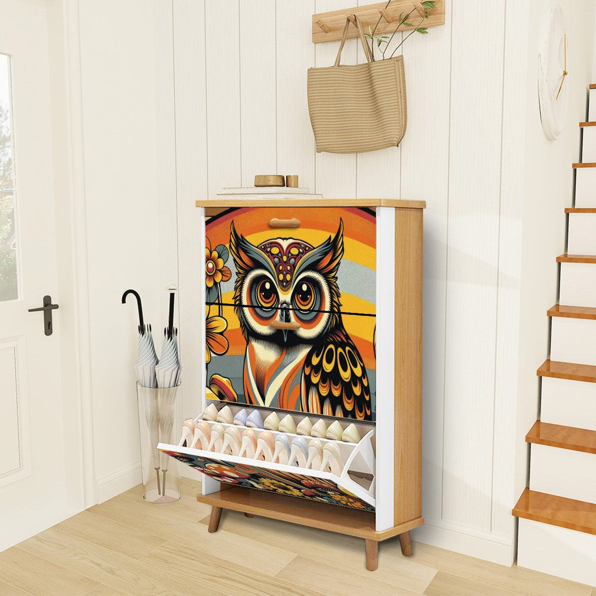 1970s Owl Decor, Mushroom And Floral, Groovy Mid Mod Shoe Storage Cabinet - Mid Century Modern Gal