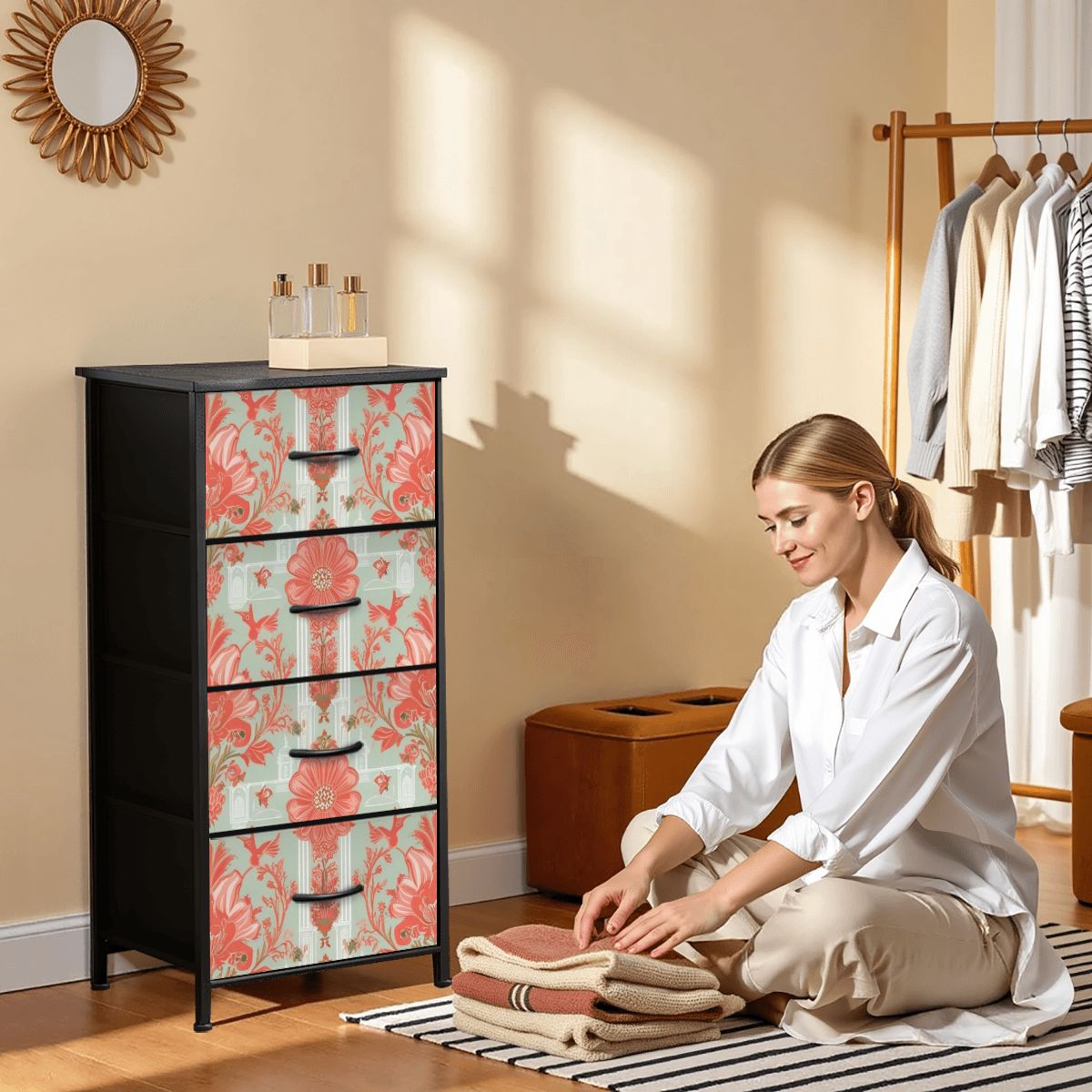 Chinoiserie Elegant Floral, Coral, Green 4-Drawer Dresser - Mid Century Modern Gal