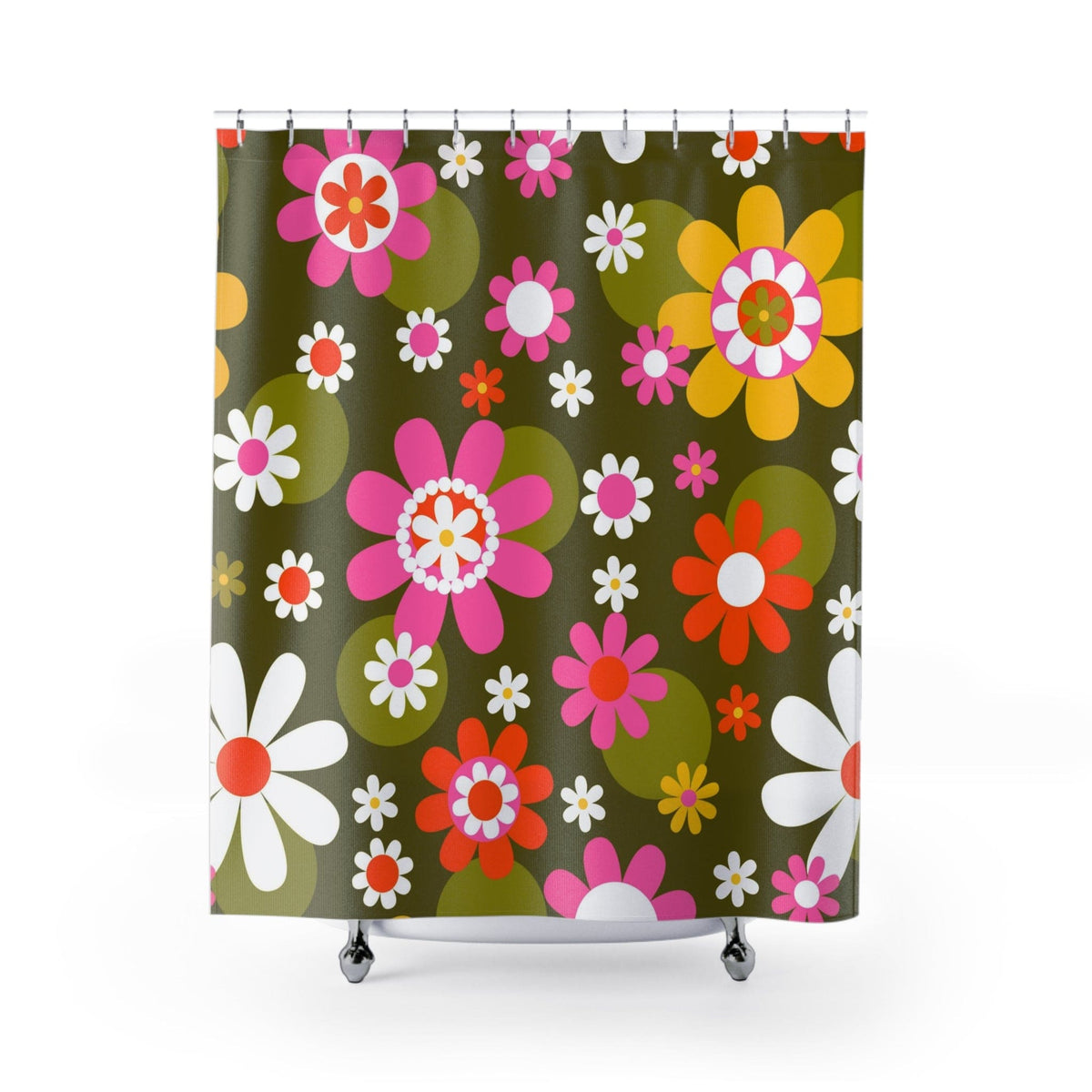 70's Flower Power Shower Curtain, Crazy Daisy, Green, Pink, White, Flower Child Retro Bath Decor Home Decor 71" × 74"