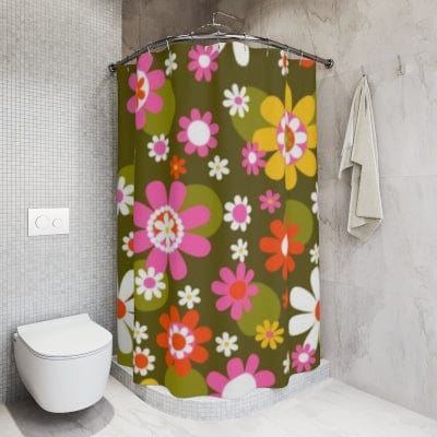70's Flower Power Shower Curtain, Crazy Daisy, Green, Pink, White, Flower Child Retro Bath Decor Home Decor 71" × 74"