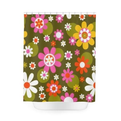 70's Flower Power Shower Curtain, Crazy Daisy, Green, Pink, White, Flower Child Retro Bath Decor Home Decor 71" × 74"