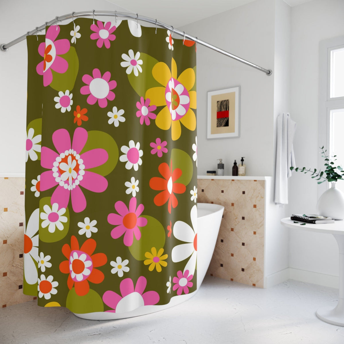 70's Flower Power Shower Curtain, Crazy Daisy, Green, Pink, White, Flower Child Retro Bath Decor Home Decor 71" × 74"