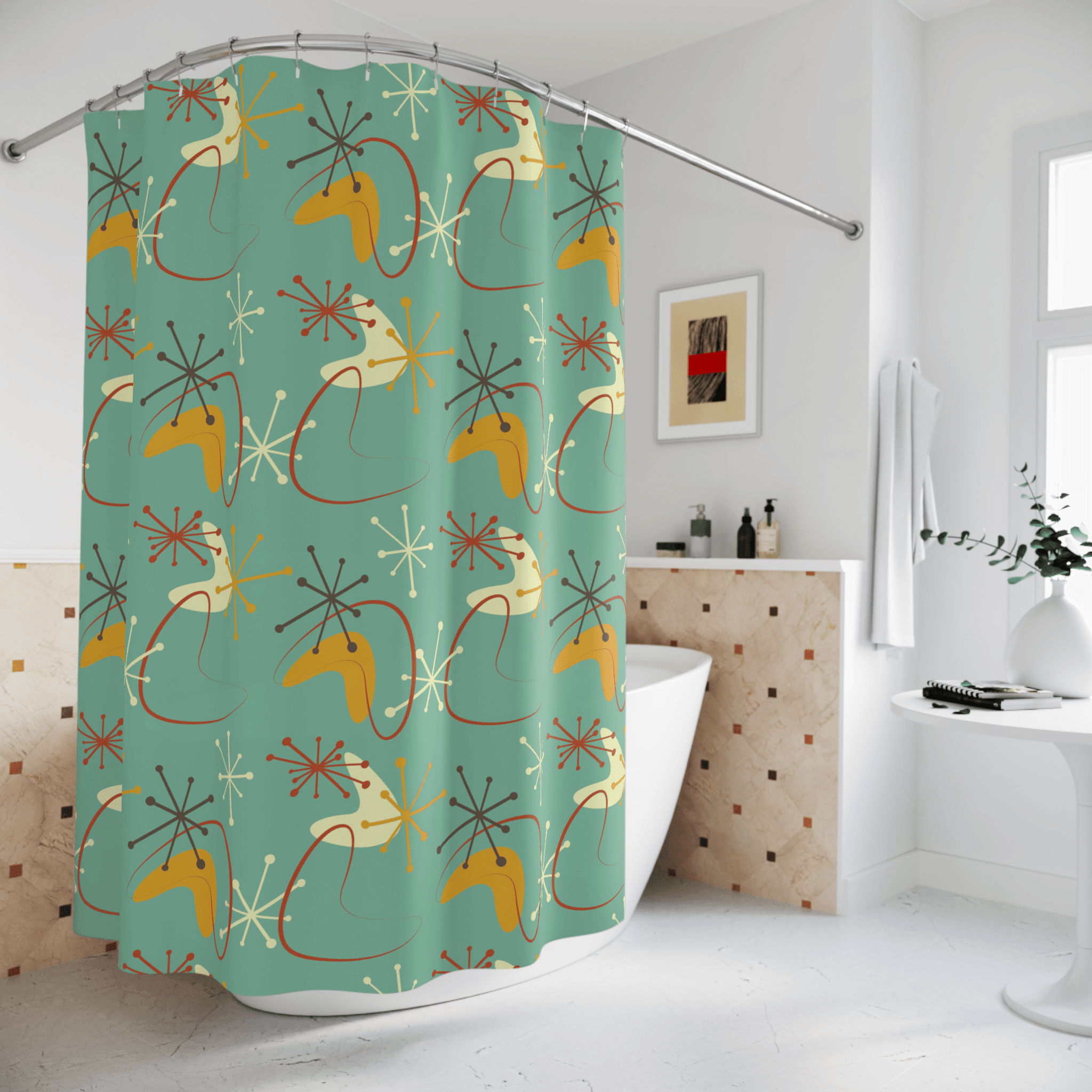 Atomic Boomerang, Green, Mid Century Modern Geometric Retro Shower Curtain Home Decor 71" × 74"