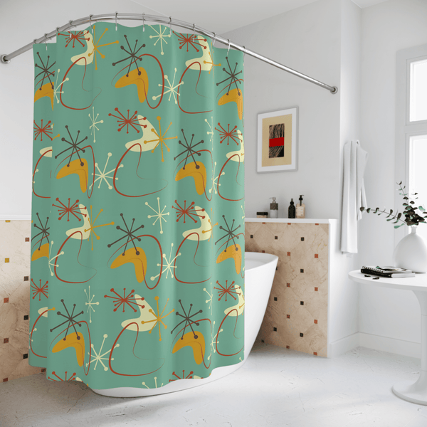 Atomic Boomerang, Green, Mid Century Modern Geometric Retro Shower Curtain