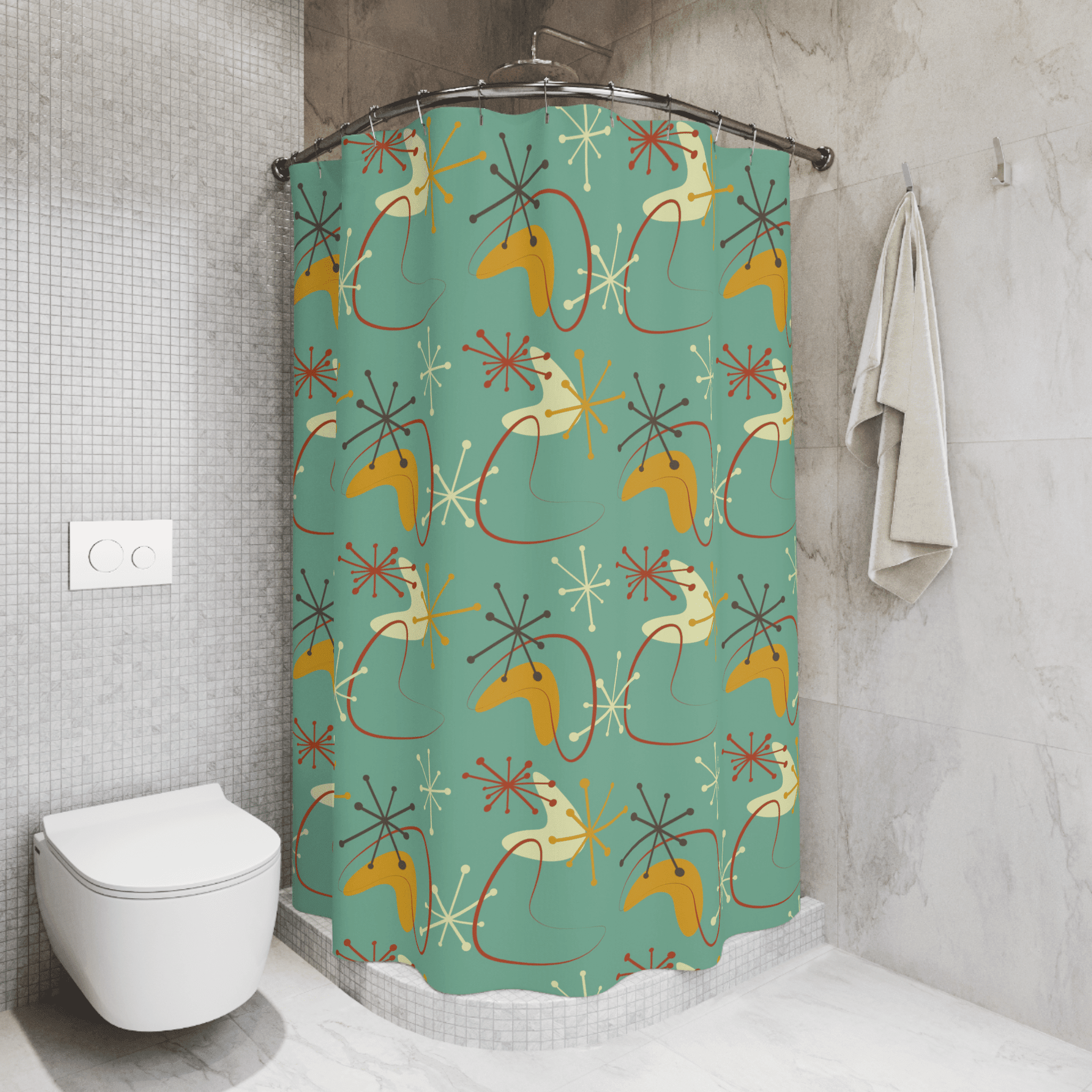 Atomic Boomerang, Green, Mid Century Modern Geometric Retro Shower Curtain Home Decor 71" × 74"