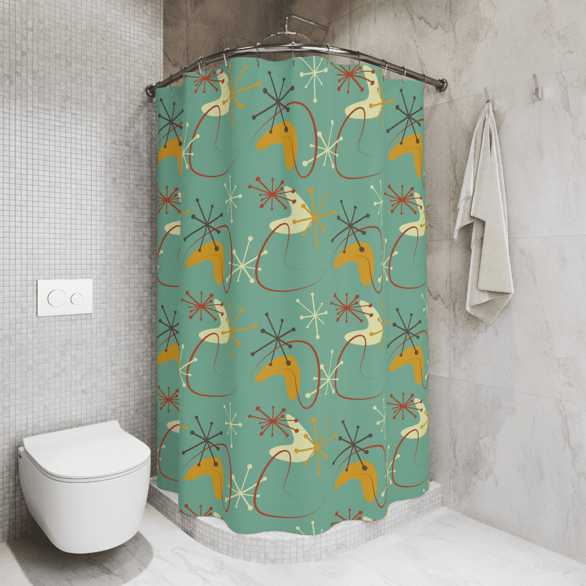 Atomic Boomerang, Green, Mid Century Modern Geometric Retro Shower Curtain Home Decor 71" × 74"