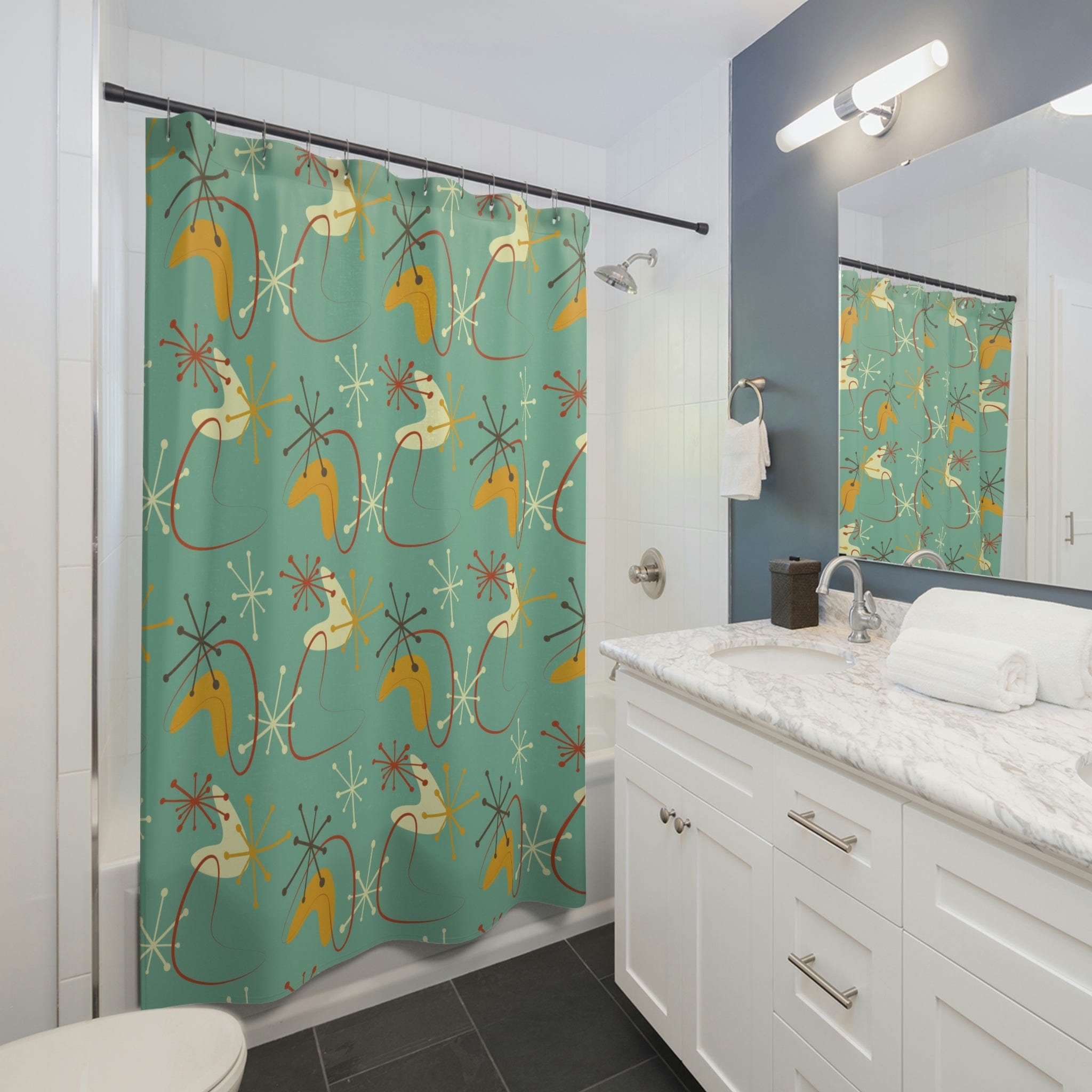 Atomic Boomerang, Green, Mid Century Modern Geometric Retro Shower Curtain Home Decor 71" × 74"