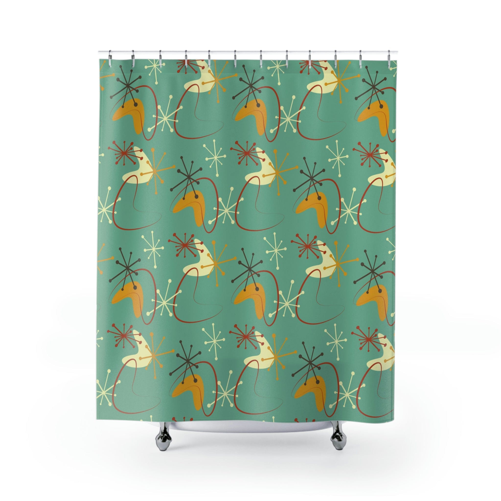 Atomic Boomerang, Green, Mid Century Modern Geometric Retro Shower Curtain Home Decor 71" × 74"