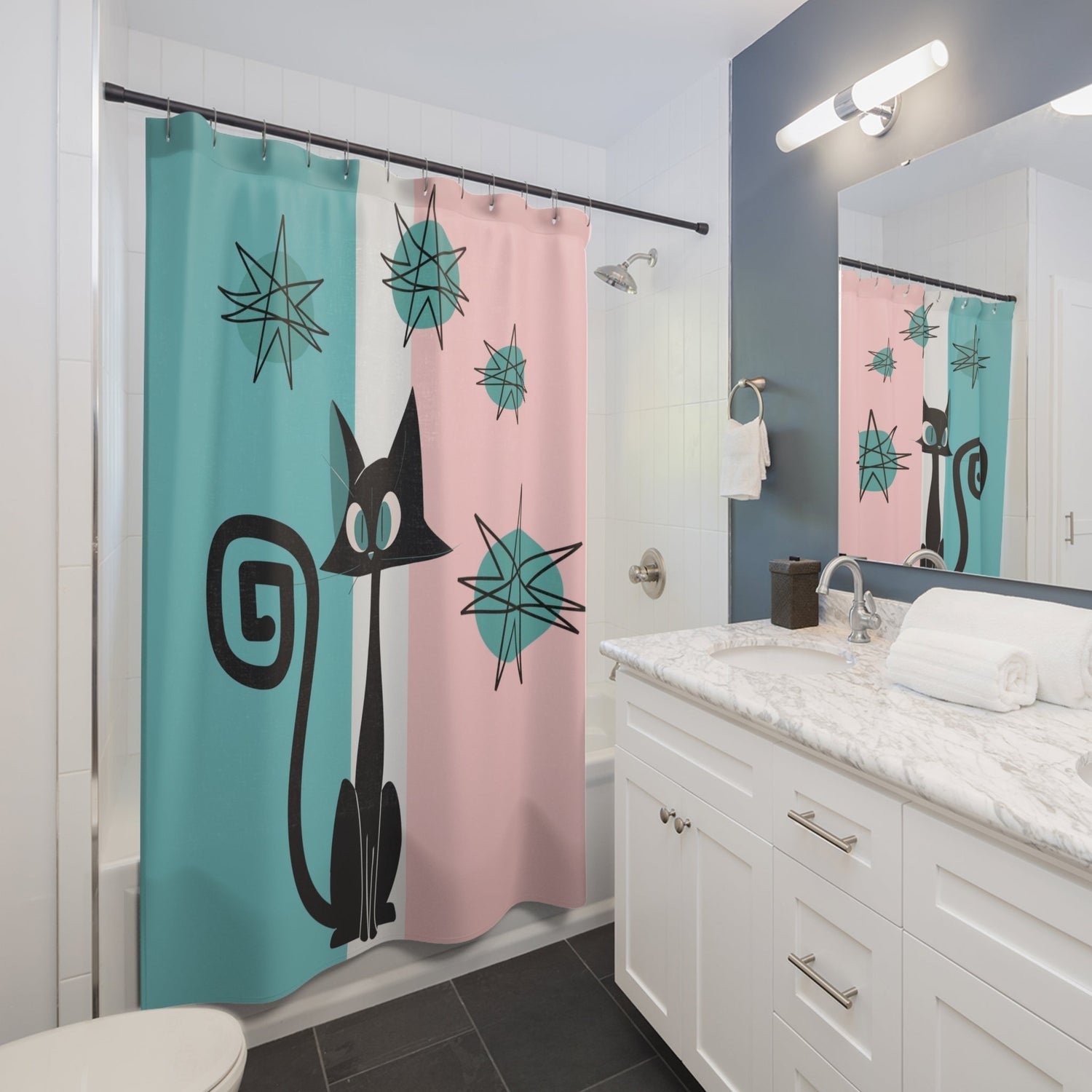 Atomic Cat 50s Pink, Aqua, White, Mid Century Modern Franciscan Starbursts Kitschy Cute Shower Curtain Home Decor 71" × 74"