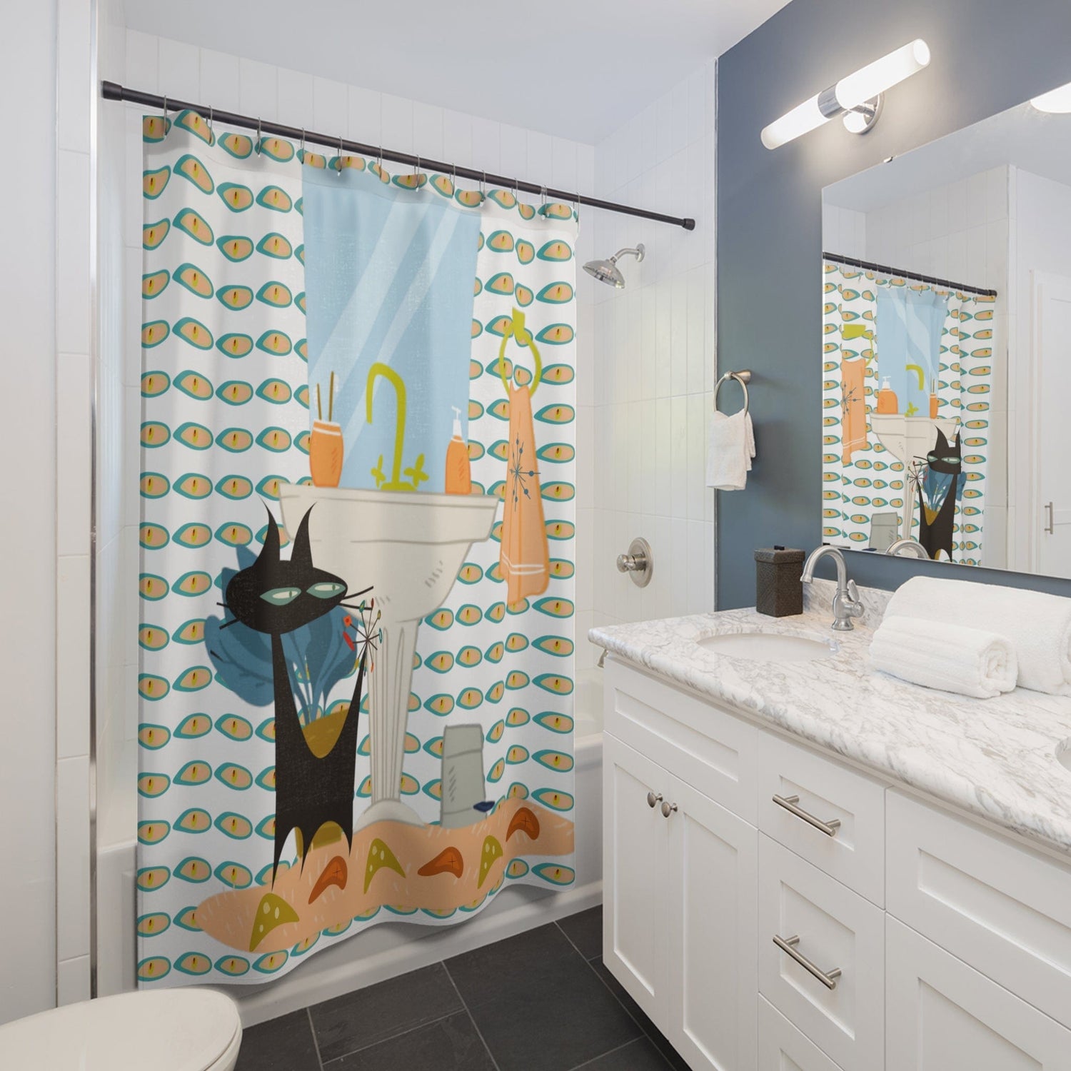 Atomic Cat, Mid Mod Bathroom, Kitschy Cool, Fun Retro MCM Shower Curtains Home Decor 71" × 74"