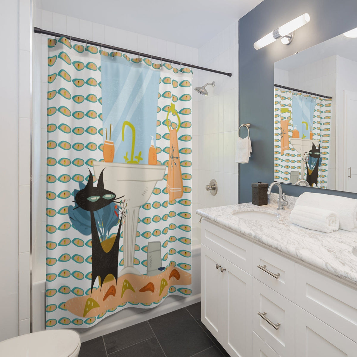 Atomic Cat, Mid Mod Bathroom, Kitschy Cool, Fun Retro MCM Shower Curtains Home Decor 71" × 74"