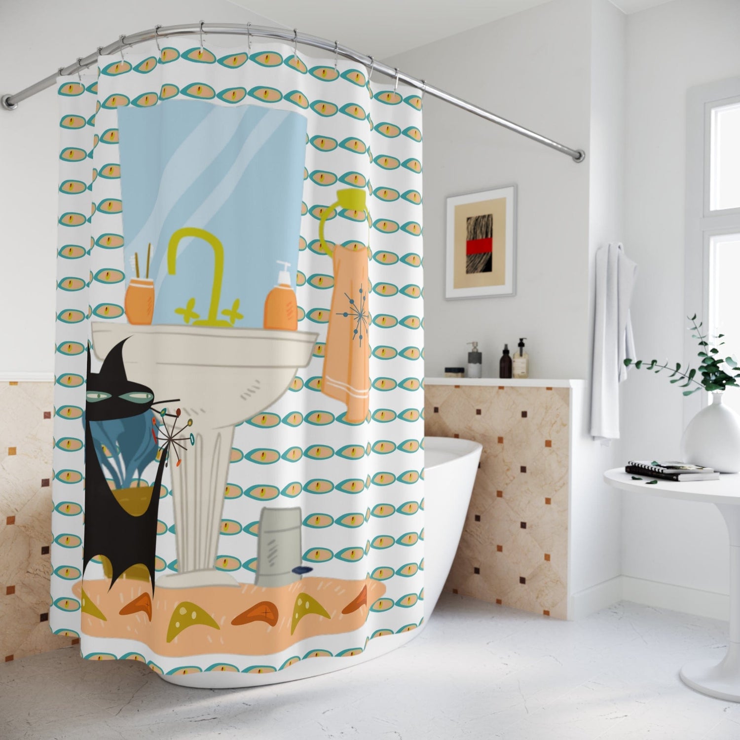 Atomic Cat, Mid Mod Bathroom, Kitschy Cool, Fun Retro MCM Shower Curtains Home Decor 71" × 74"