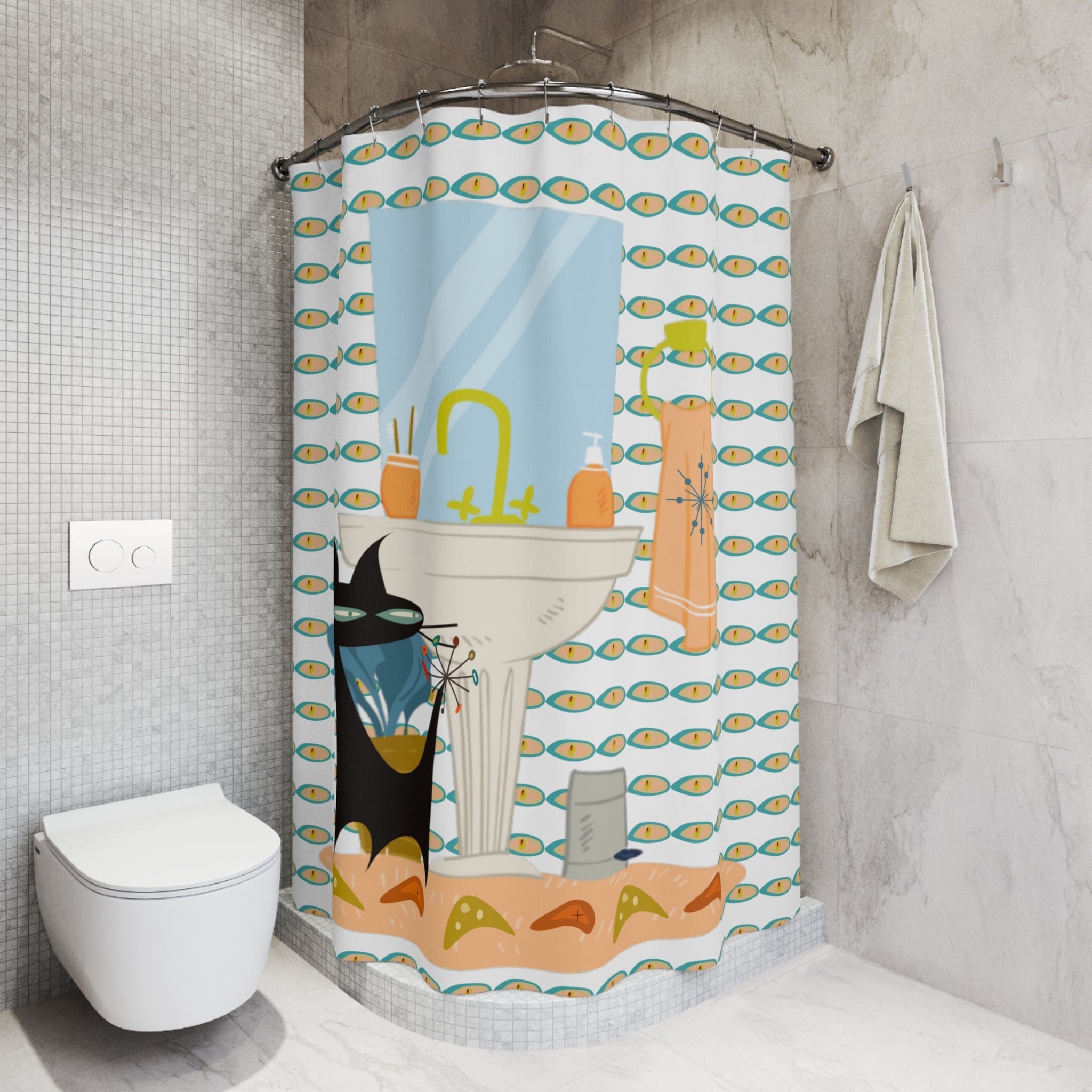 Atomic Cat, Mid Mod Bathroom, Kitschy Cool, Fun Retro MCM Shower Curtains Home Decor 71" × 74"