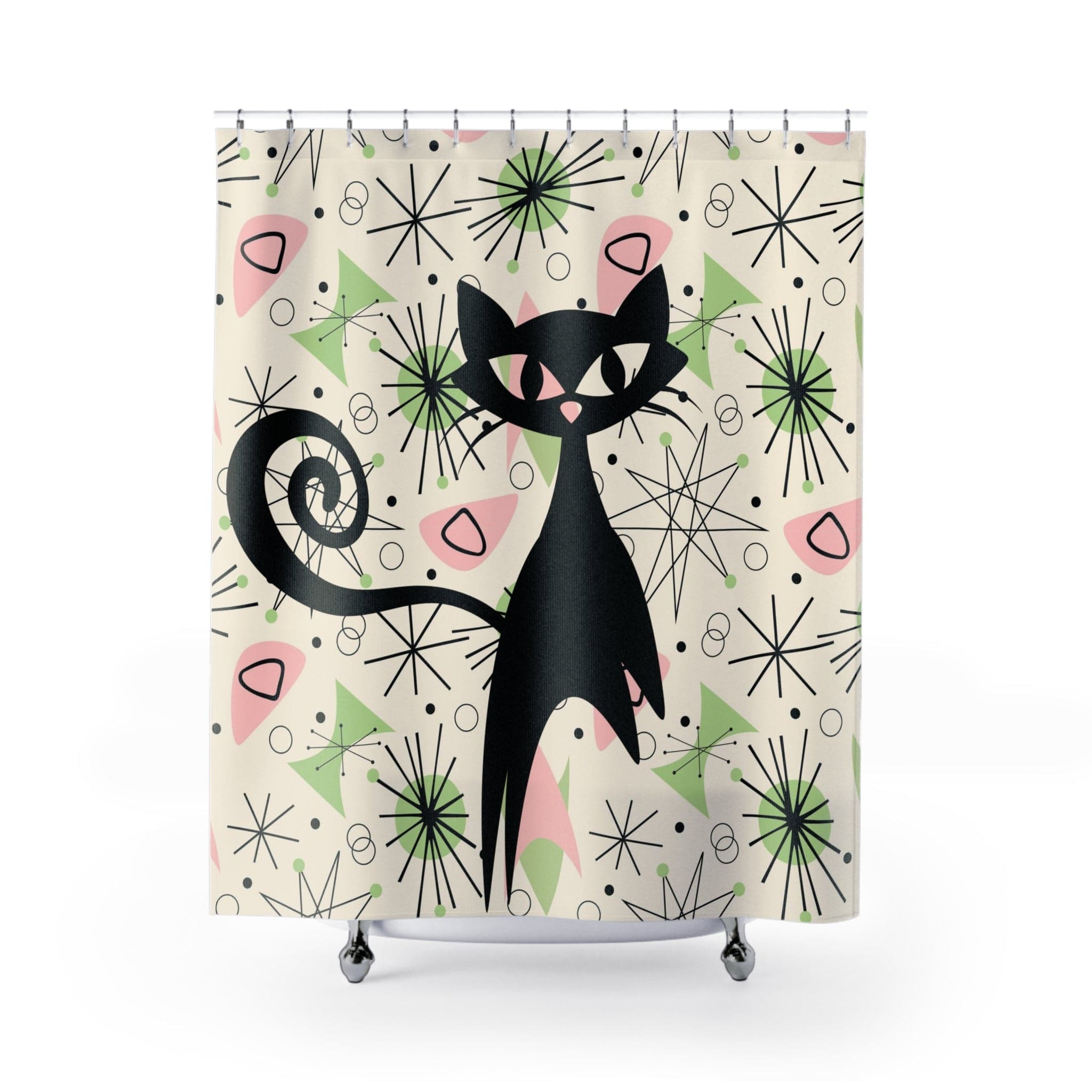 Atomic Cat, Sky Rocket Space Cat, Up Up And Away, Atomic Starburst, Mid Century Modern Shower Curtain Home Decor 71" × 74"