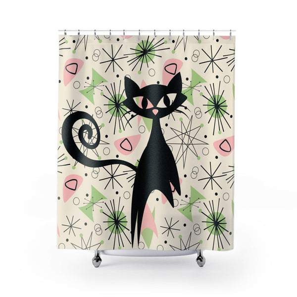 Atomic Cat, Sky Rocket Space Cat, Up Up And Away, Atomic Starburst, Mid Century Modern Shower Curtain