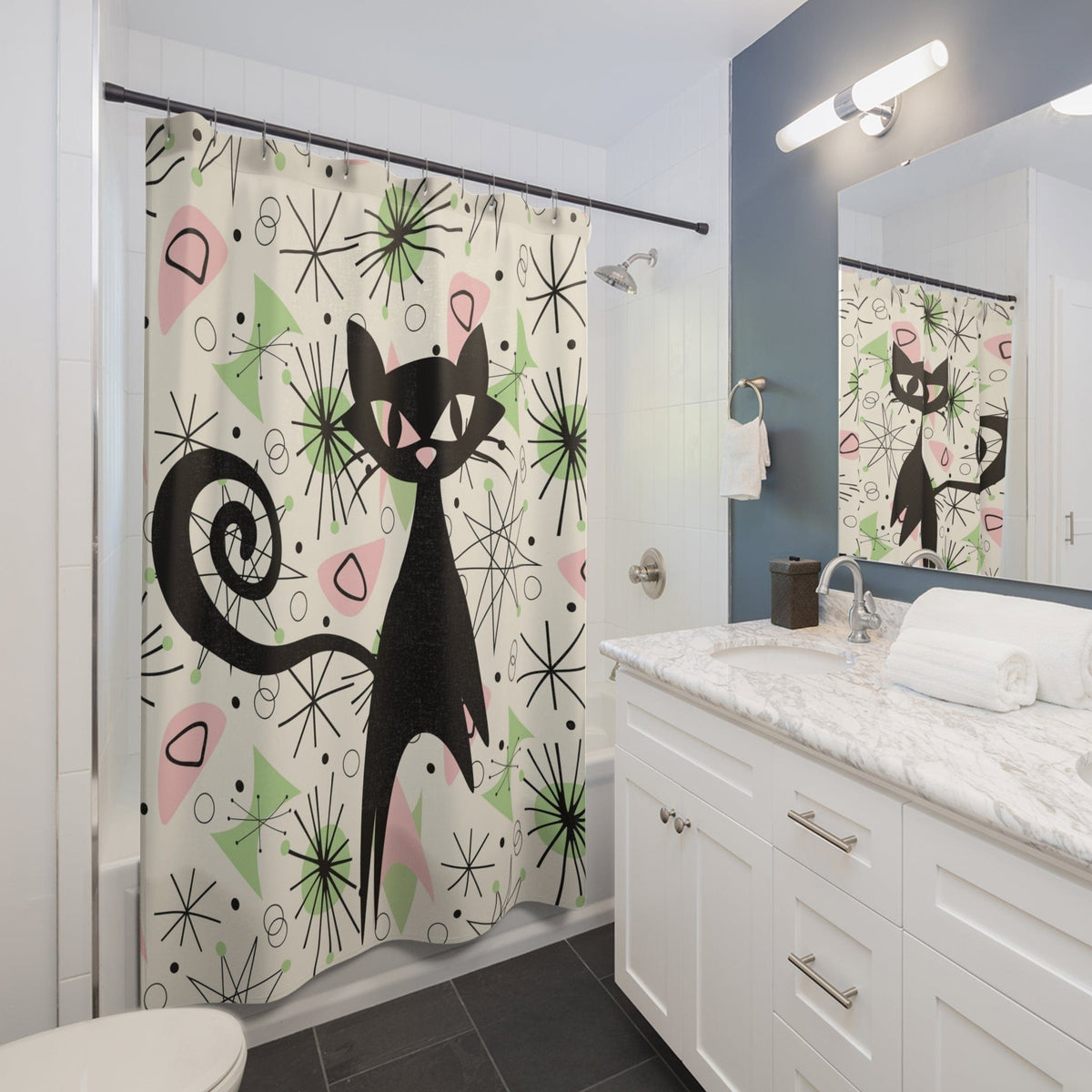 Atomic Cat, Sky Rocket Space Cat, Up Up And Away, Atomic Starburst, Mid Century Modern Shower Curtain Home Decor 71" × 74"