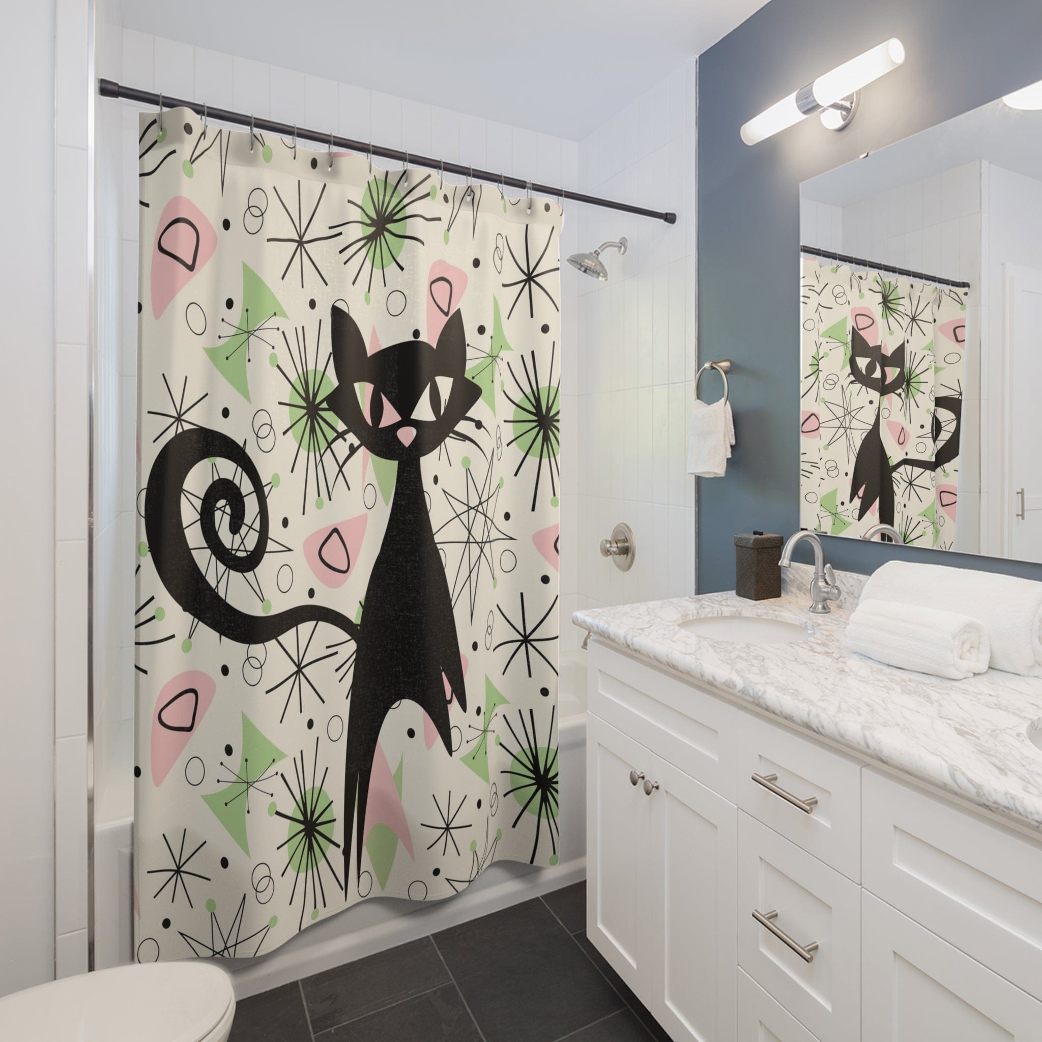 Atomic Cat, Sky Rocket Space Cat, Up Up And Away, Atomic Starburst, Mid Century Modern Shower Curtain Home Decor 71" × 74"