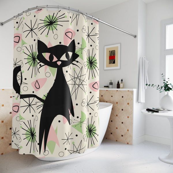 Atomic Cat, Sky Rocket Space Cat, Up Up And Away, Atomic Starburst, Mid Century Modern Shower Curtain