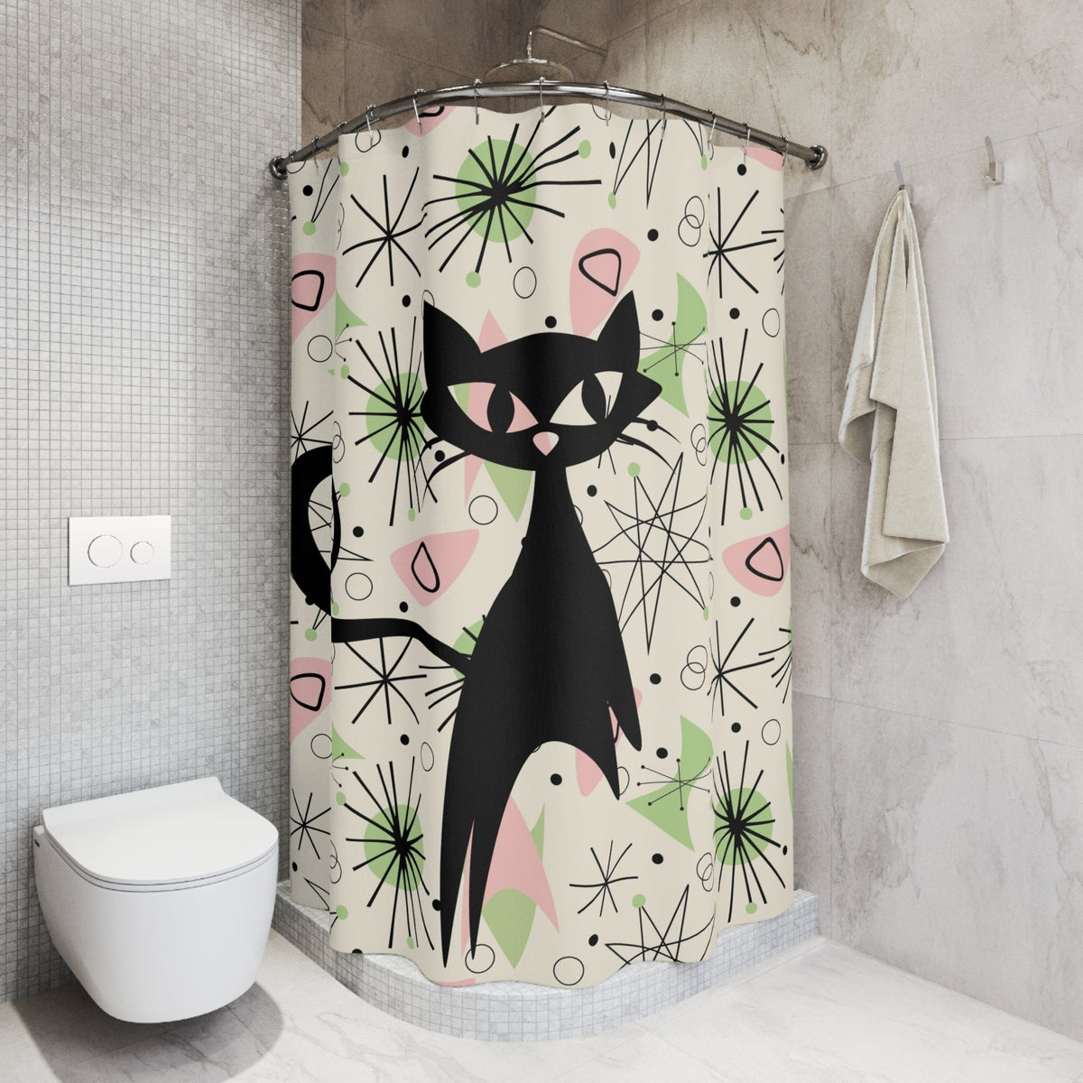 Atomic Cat, Sky Rocket Space Cat, Up Up And Away, Atomic Starburst, Mid Century Modern Shower Curtain Home Decor 71" × 74"