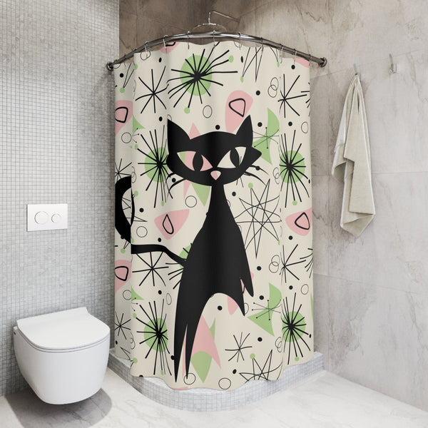 Atomic Cat, Sky Rocket Space Cat, Up Up And Away, Atomic Starburst, Mid Century Modern Shower Curtain