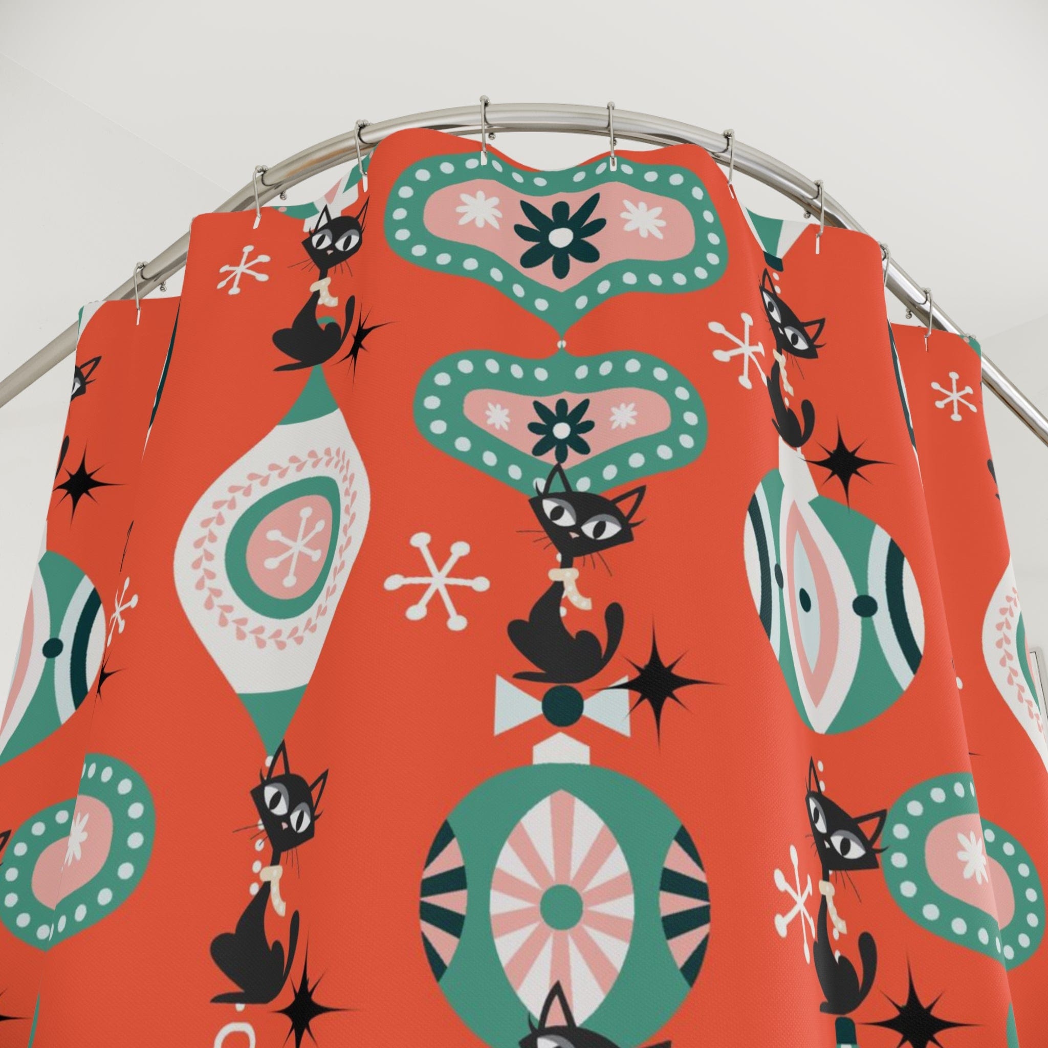 Atomic Kittie Cat, Mid Century Modern Christmas Ornaments, Retro Holiday Shower Curtain Home Decor 71" × 74"