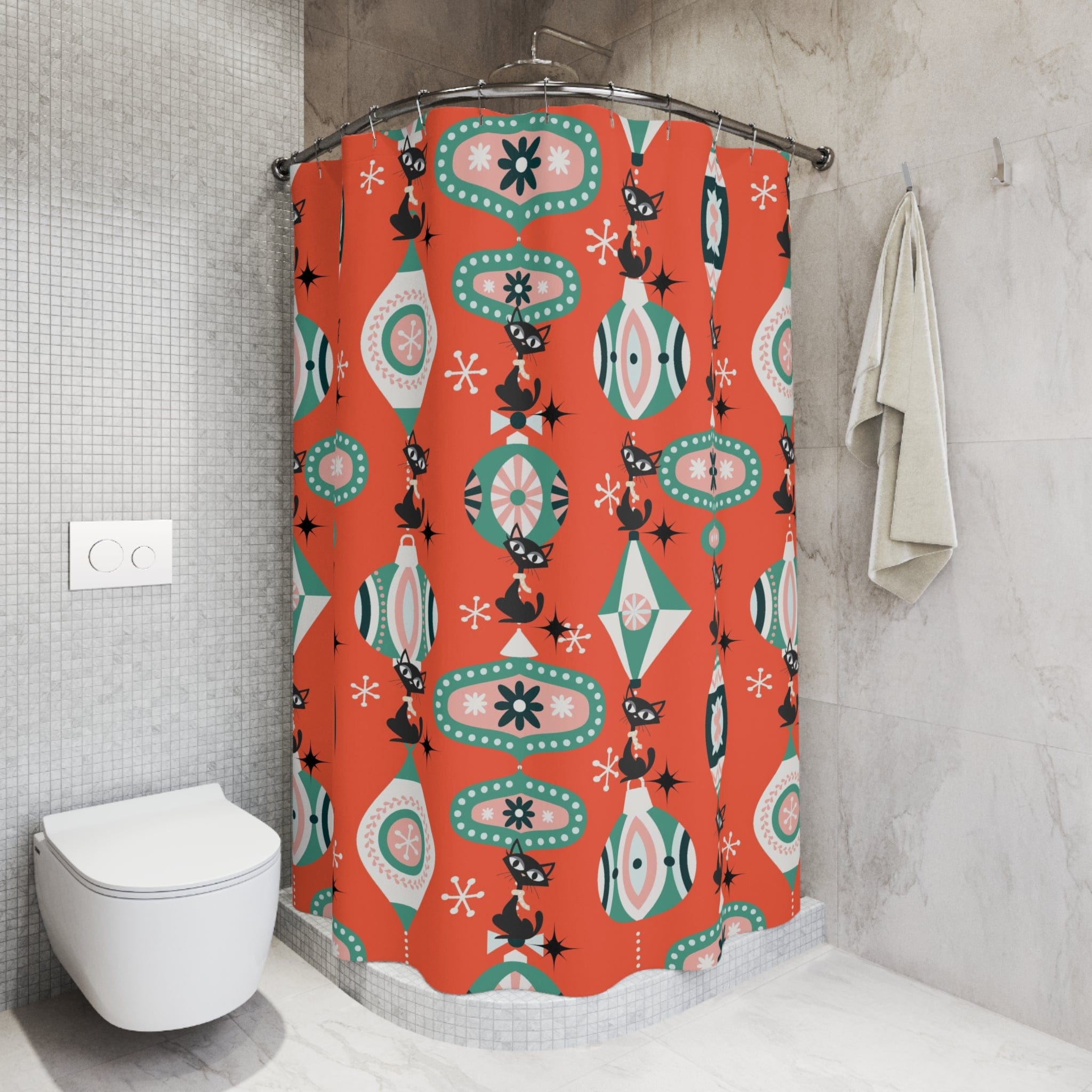 Atomic Kittie Cat, Mid Century Modern Christmas Ornaments, Retro Holiday Shower Curtain Home Decor 71" × 74"