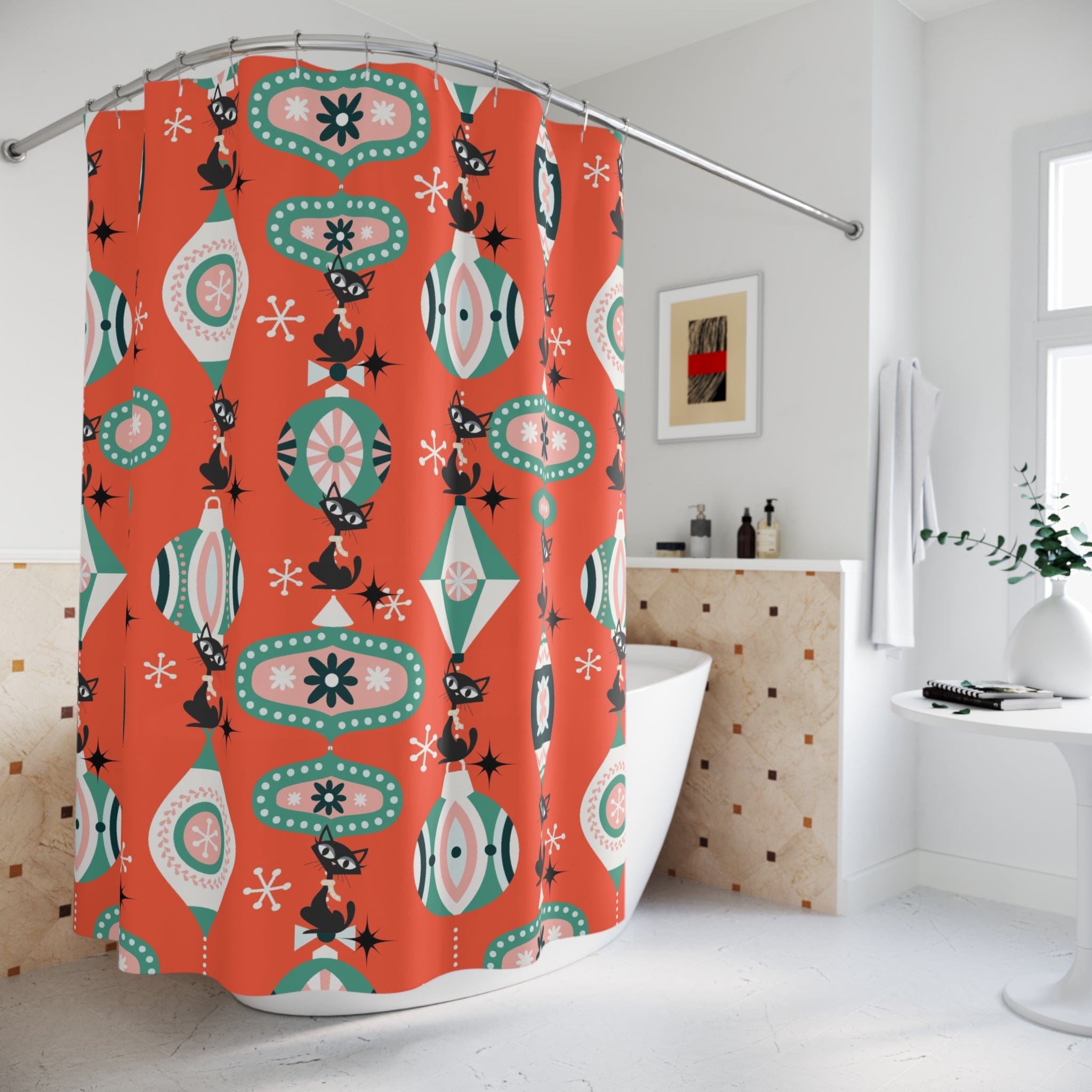 Atomic Kittie Cat, Mid Century Modern Christmas Ornaments, Retro Holiday Shower Curtain Home Decor 71" × 74"