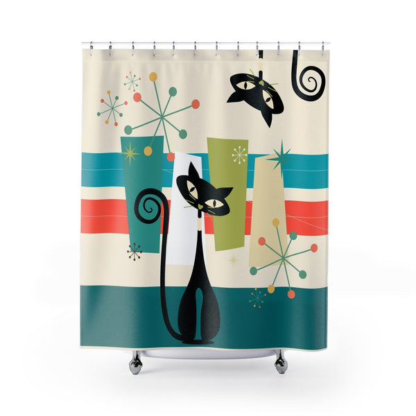 Atomic Kittie Cats, Black Cat Lover, Mid Century Modern Color Pop Funky Fun Shower Curtain