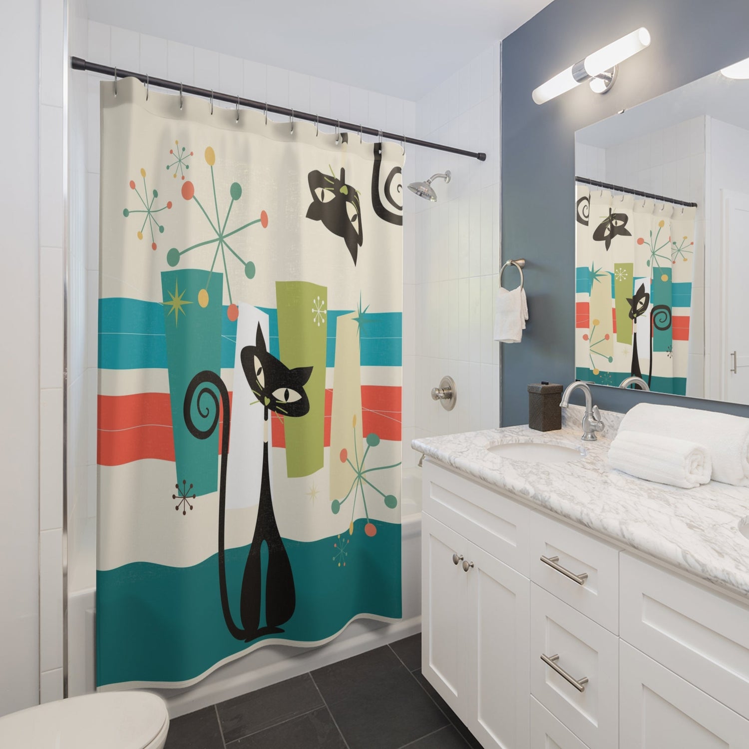 Atomic Kittie Cats, Black Cat Lover, Mid Century Modern Color Pop Funky Fun Shower Curtain Home Decor 71" × 74"