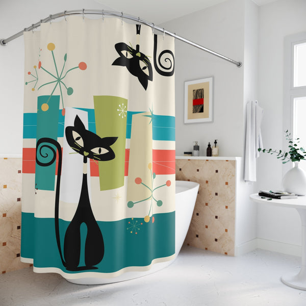 Atomic Kittie Cats, Black Cat Lover, Mid Century Modern Color Pop Funky Fun Shower Curtain
