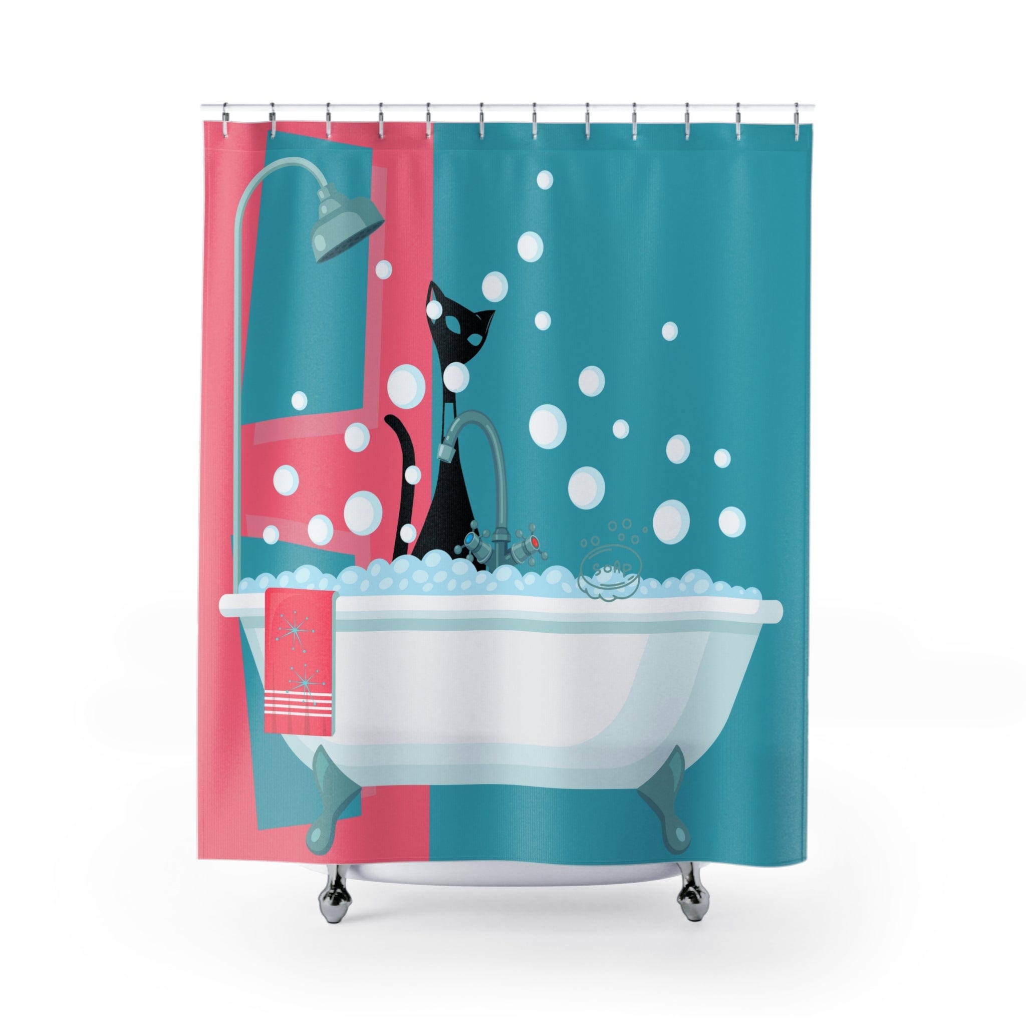 Mid Century Modern Atomic Cat Shower Curtain, Geometric Aqua Blue, Pink, Kitschy Cute, Fun Retro Bathroom Decor Shower Curtain Home Decor 71" × 74"