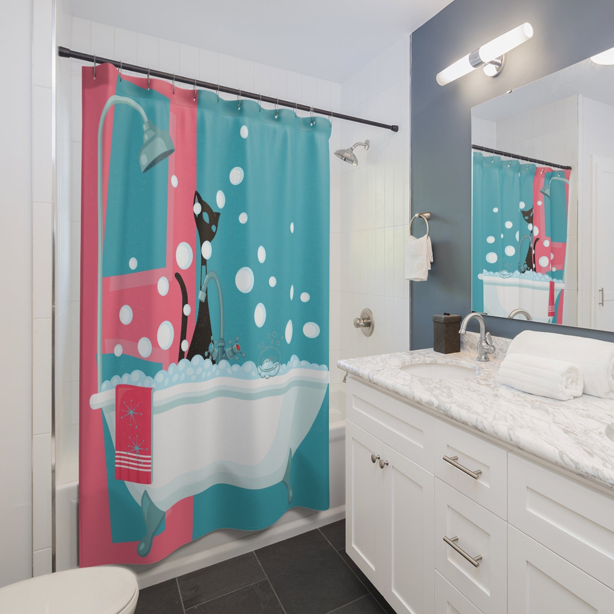 Mid Century Modern Atomic Cat Shower Curtain, Geometric Aqua Blue, Pink, Kitschy Cute, Fun Retro Bathroom Decor Shower Curtain Home Decor 71" × 74"