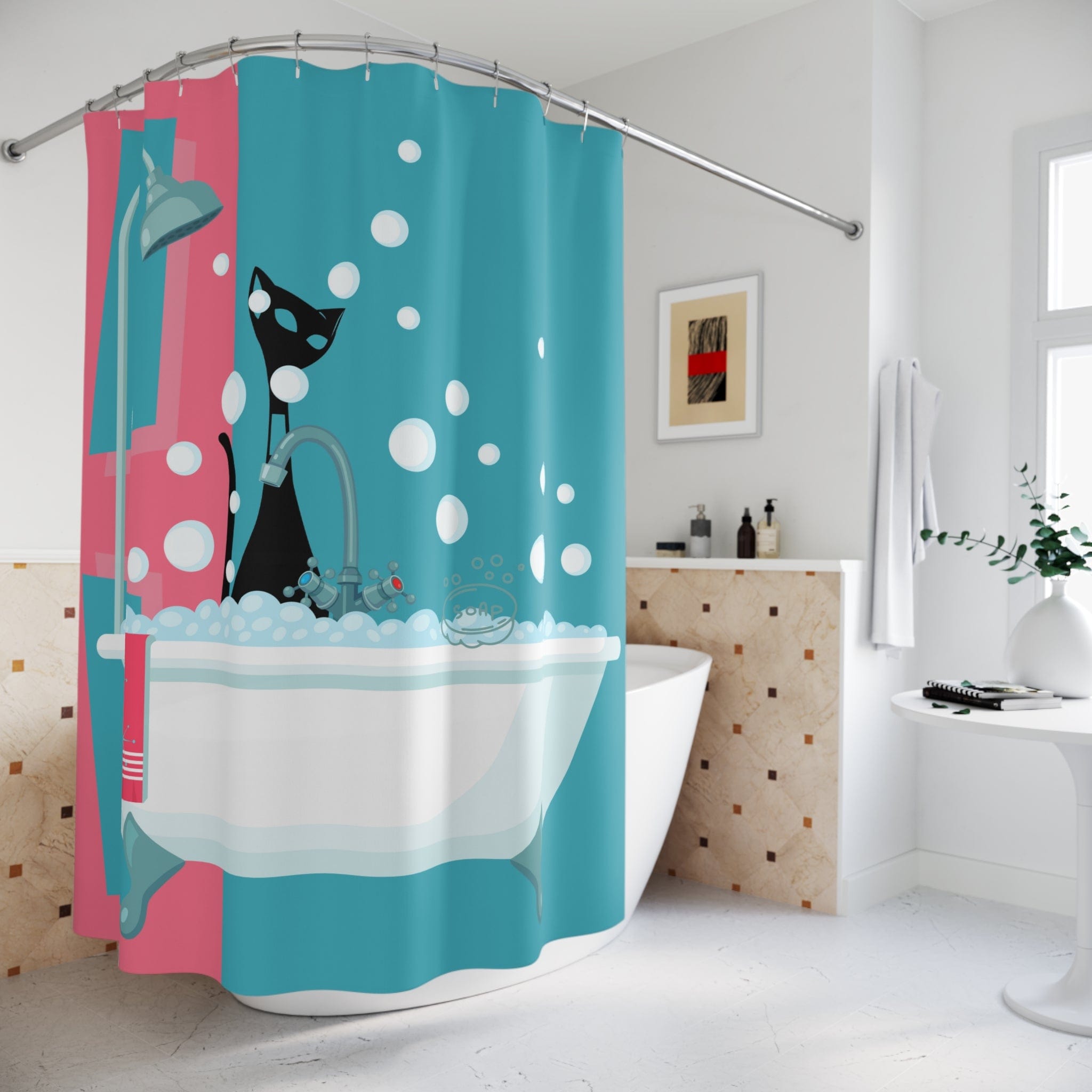Mid Century Modern Atomic Cat Shower Curtain, Geometric Aqua Blue, Pink, Kitschy Cute, Fun Retro Bathroom Decor Shower Curtain Home Decor 71" × 74"