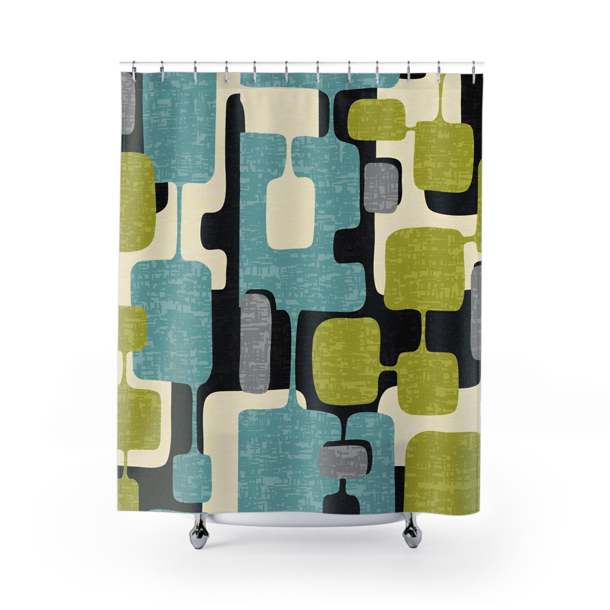 Mid Century Modern Geometric Mod Shower Curtain, Black, Gray, Aqua, Green Bath Decor Home Decor 71" × 74"