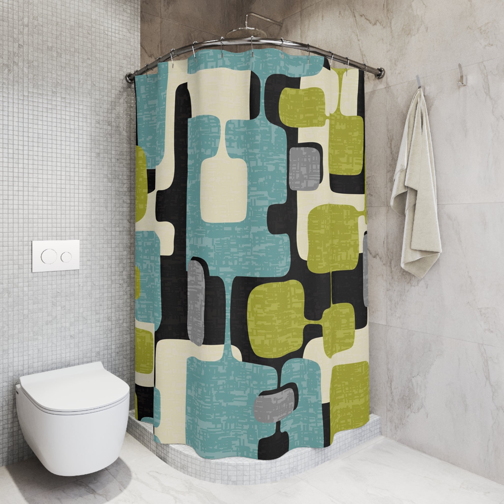 Mid Century Modern Geometric Mod Shower Curtain, Black, Gray, Aqua, Green Bath Decor Home Decor 71" × 74"