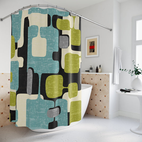 Mid Century Modern Geometric Mod Shower Curtain, Black, Gray, Aqua, Green Bath Decor